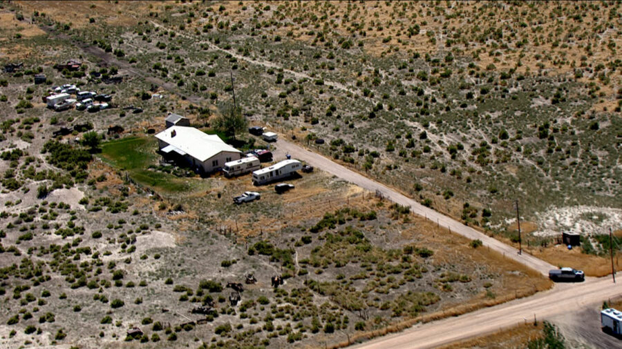 A house in Flowell, Millard County, is seen by Chopper 5 on Friday after authorities found three bodies inside the previous evening.