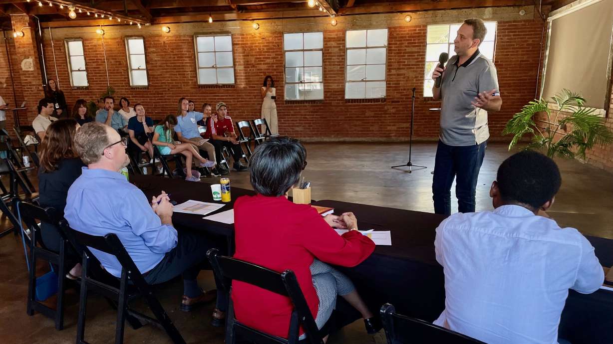 Dmytro Mateiko explains his business proposal at the final pitch event of the International Rescue Committee's New American Dream Lab initiative on Tuesday at Publik Coffee in Salt Lake City.