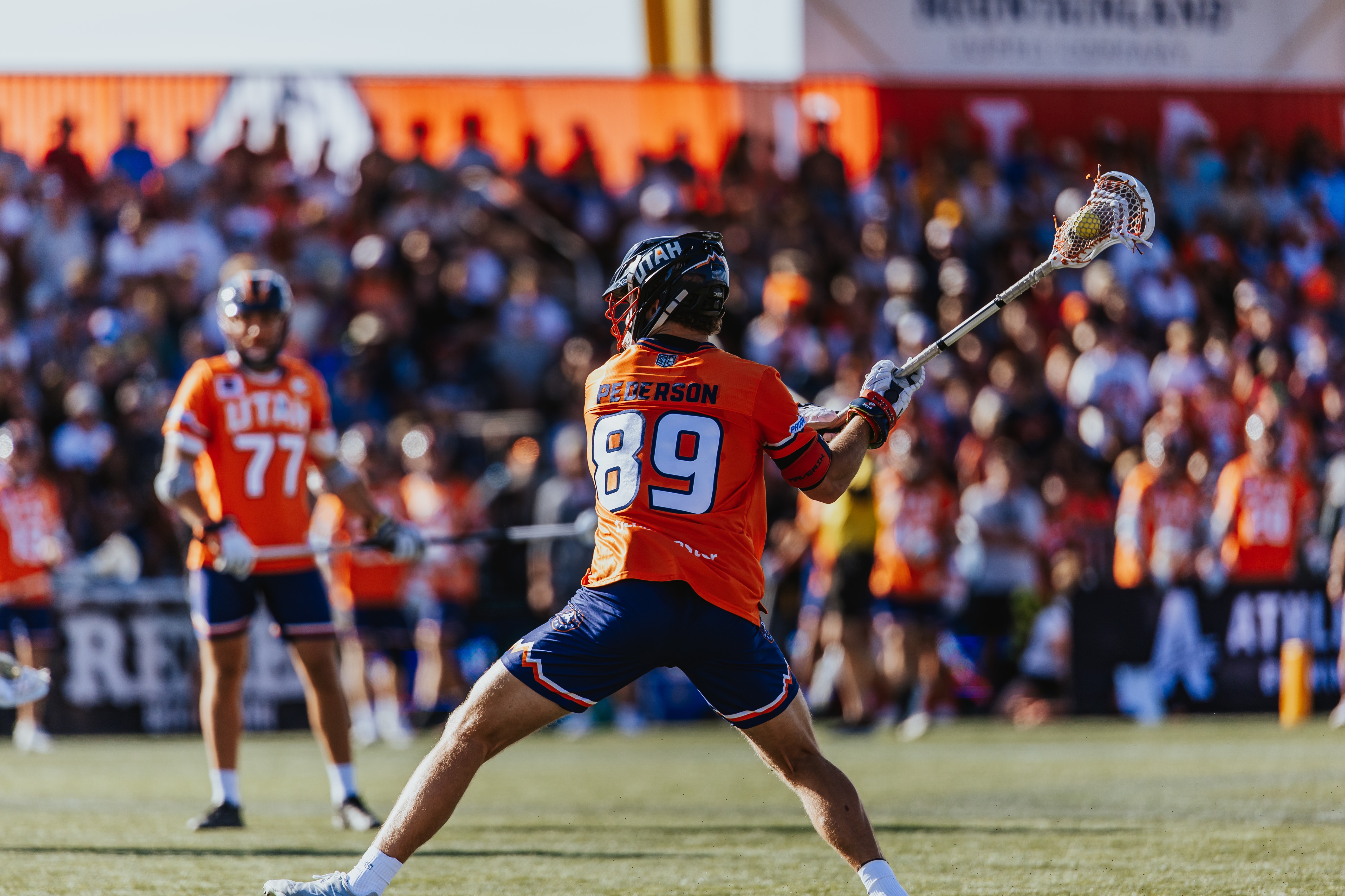 Utah Archers midfielder Beau Pederson, of Park City, unleashes a 2-point shot against the California Redwoods during a Premier Lacrosse League match, Friday, July 25, 2025 at Zions Bank Stadium in Herriman, Utah.
