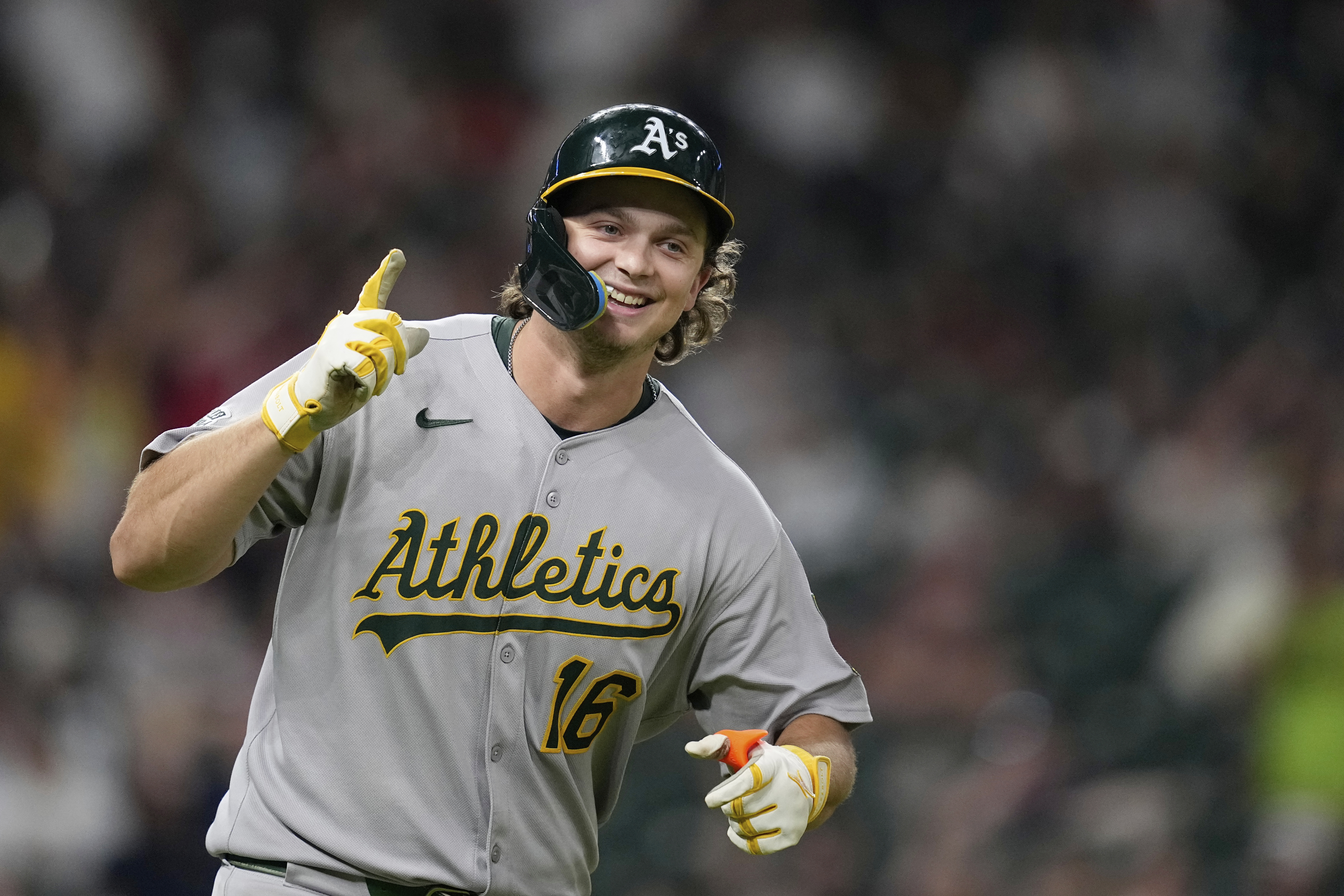Athletics' Nick Kurtz celebrates after hitting a three-run home against the Houston Astros during the ninth inning of a baseball game Friday, July 25, 2025, in Houston.