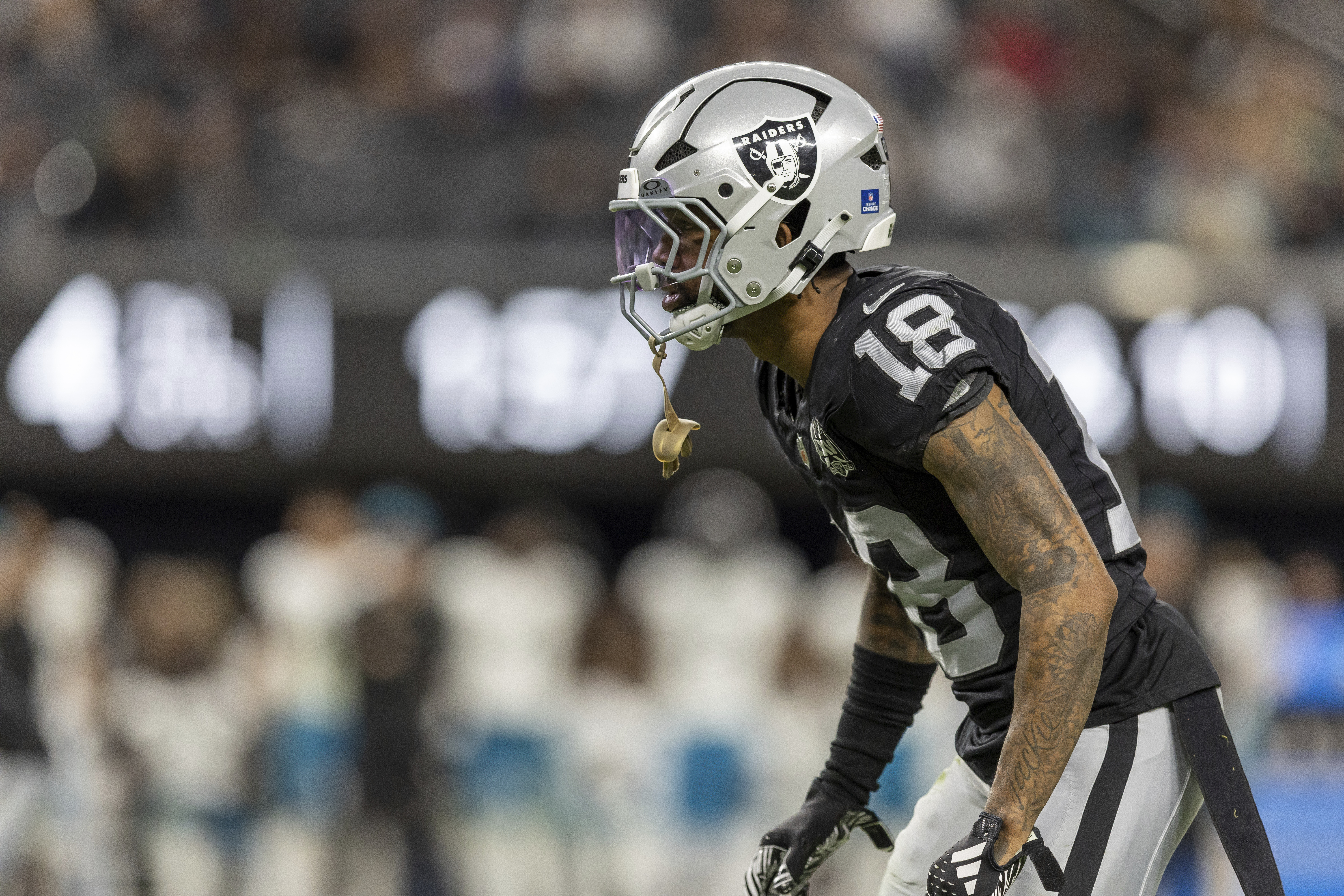 Las Vegas Raiders cornerback Jack Jones (18) lines up against the Jacksonville Jaguars in an NFL football game, Sunday, Dec. 22, 2024, in Las Vegas. 