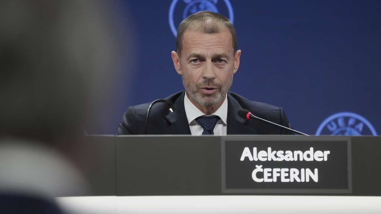 FILE -UEFA President Aleksander Ceferin speaks during a press conference after the 49th ordinary UEFA congress, in Belgrade, Serbia, April 3, 2025.