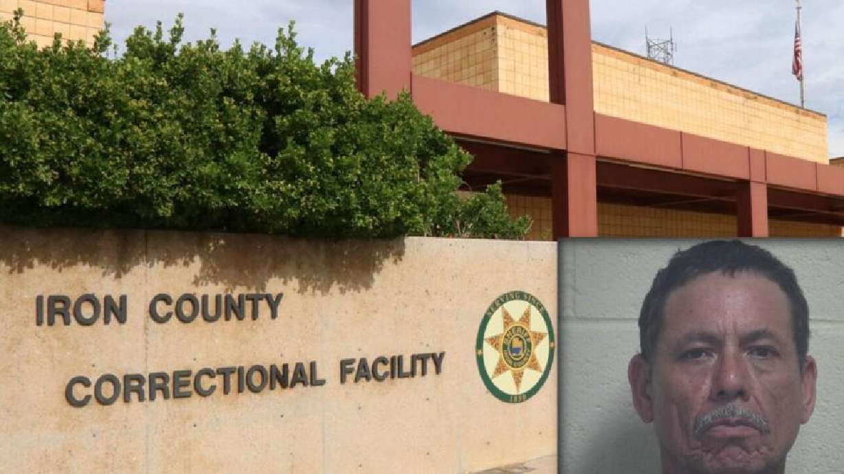 Composite image with background photo of Iron County Jail, Cedar City, with overlay booking photo of 53-year-old Epigmenio Bustillos-Marquez, of Las Vegas, Nev., following his arrest in Iron County, March 6.