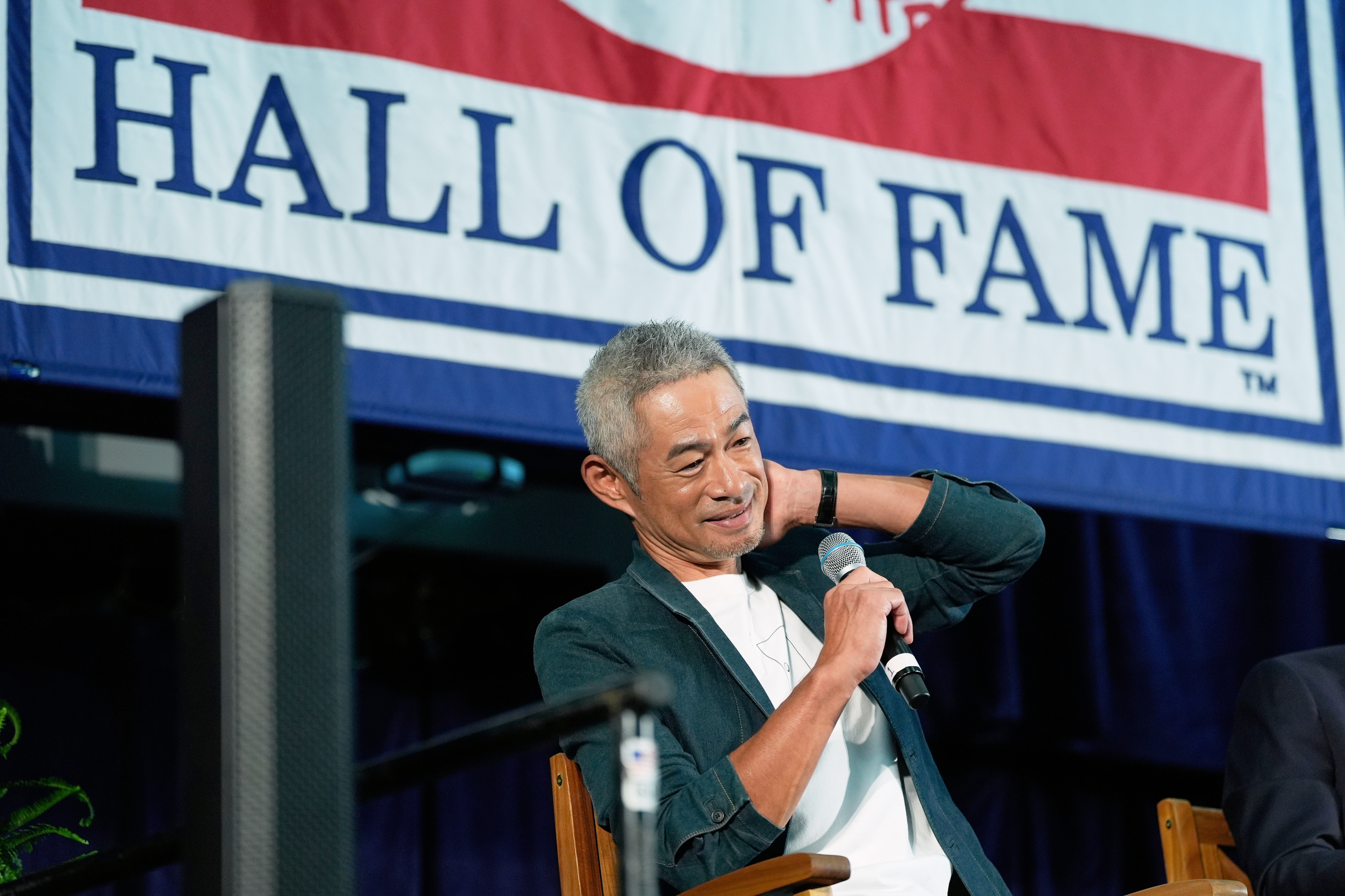 Baseball Hall of Fame inductee Ichiro Suzuki speaks to reporters during a news conference in Cooperstown, N.Y., Saturday, July 26, 2025. 