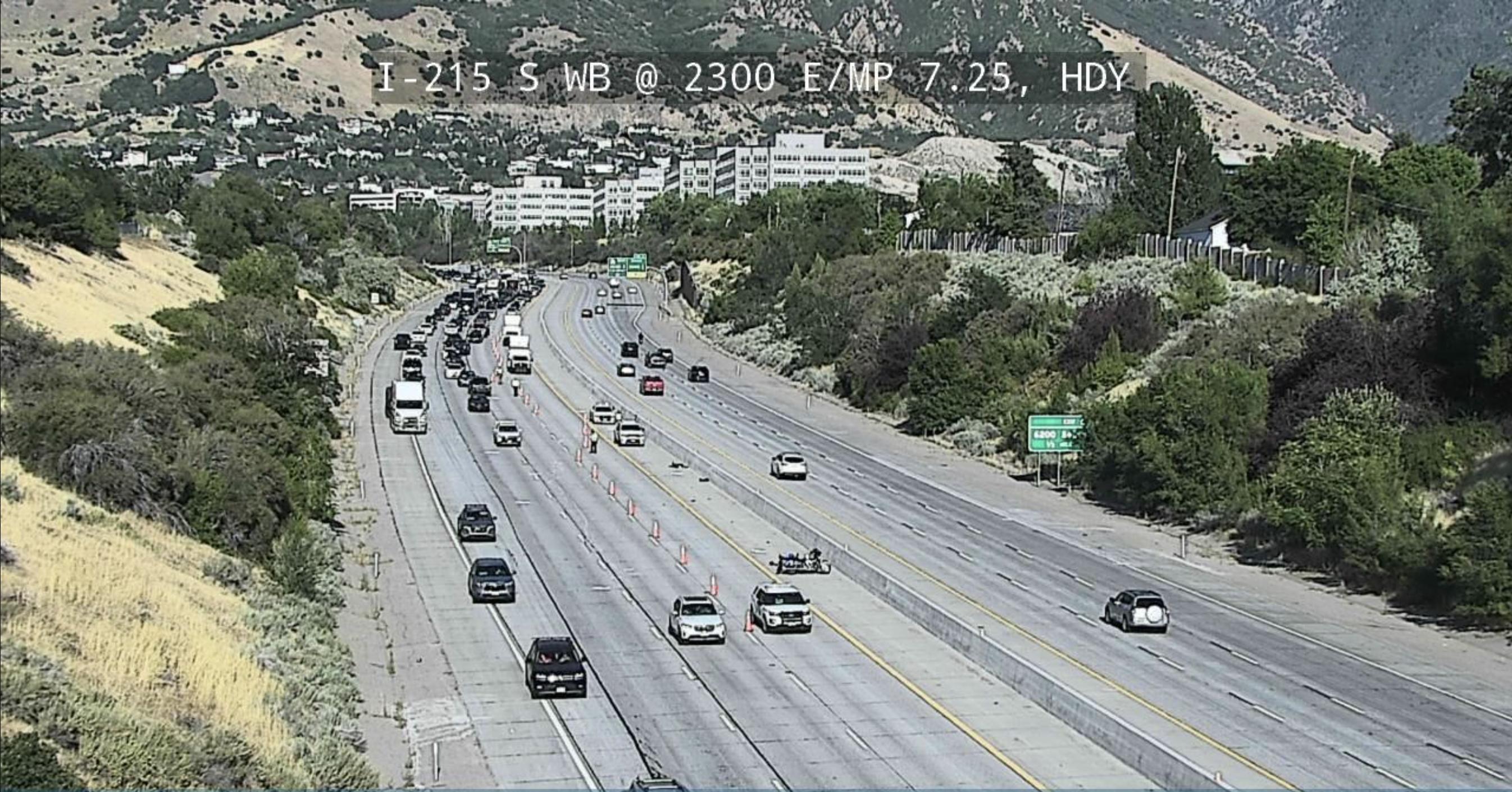 A Utah Department of Transportation camera shows traffic near mile post 7 on Interstate 215, Saturday. Two people were critically injured in a motorcycle crash on I-215.