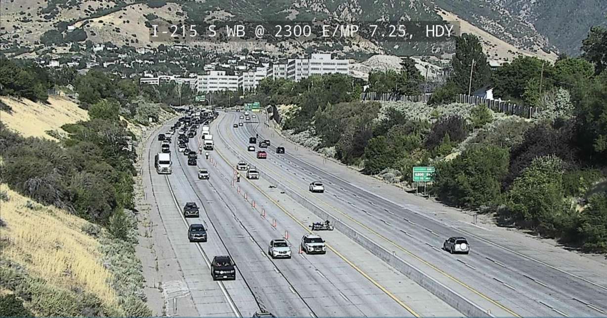 A Utah Department of Transportation camera shows traffic near mile post 7 on Interstate 215, Saturday. Two people were critically injured in a motorcycle crash on I-215.