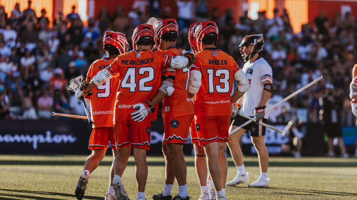 Utah Archers celebrate a goal during a Premier Lacrosse League game against the Denver Outlaws, Saturday, July 26, 2025 at Zions Bank Stadium in Herriman, Utah.