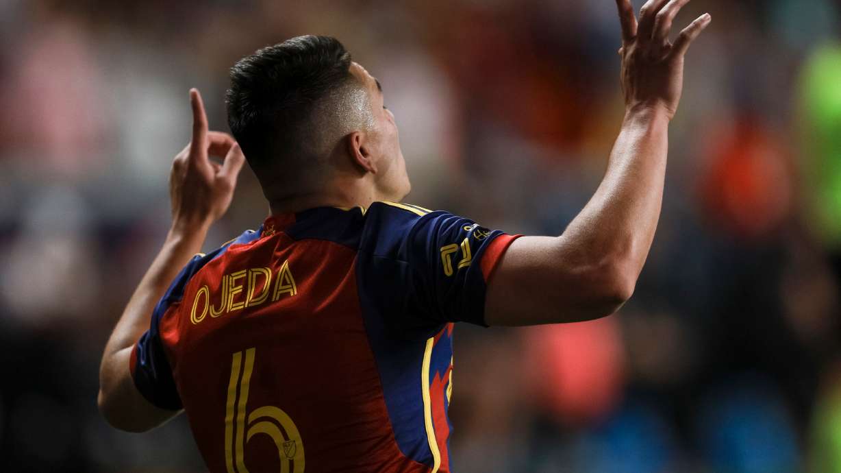 Real Salt Lake midfielder Braian Ojeda (6) celebrates after scoring during the second half of a game against the San Jose Earthquakes at America First Field in Sandy on Saturday, July 26, 2025.
