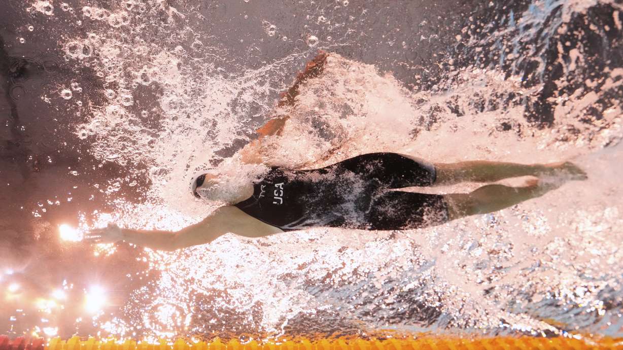 Katie Ledecky of the United States competes in the women's 400-meter freestyle heat at the World Aquatics Championships in Singapore, Sunday, July 27, 2025.