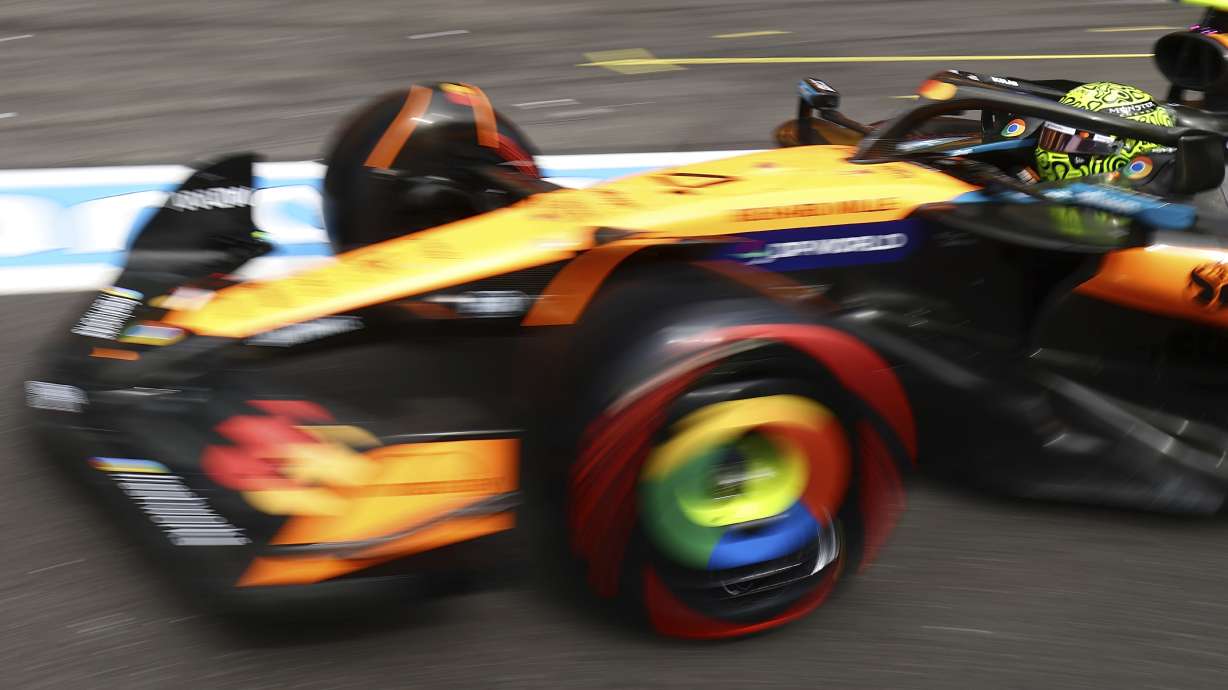 McLaren driver Lando Norris of Britain steers his car during qualification ahead of the Formula One Grand Prix at the Spa-Francorchamps racetrack in Spa, Belgium, Saturday, July 26, 2025.