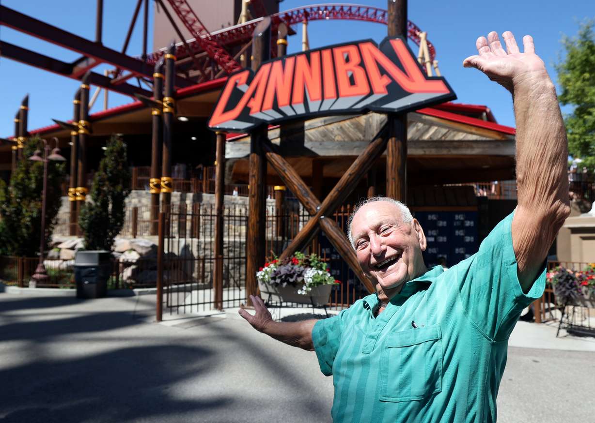 Haroutioun Arslanian poses for a portrait before taking his 84th ride of the season on the Cannibal roller coaster at Lagoon Amusement Park in Farmington on July 11. Arslanian, 89, frequents the Cannibal.