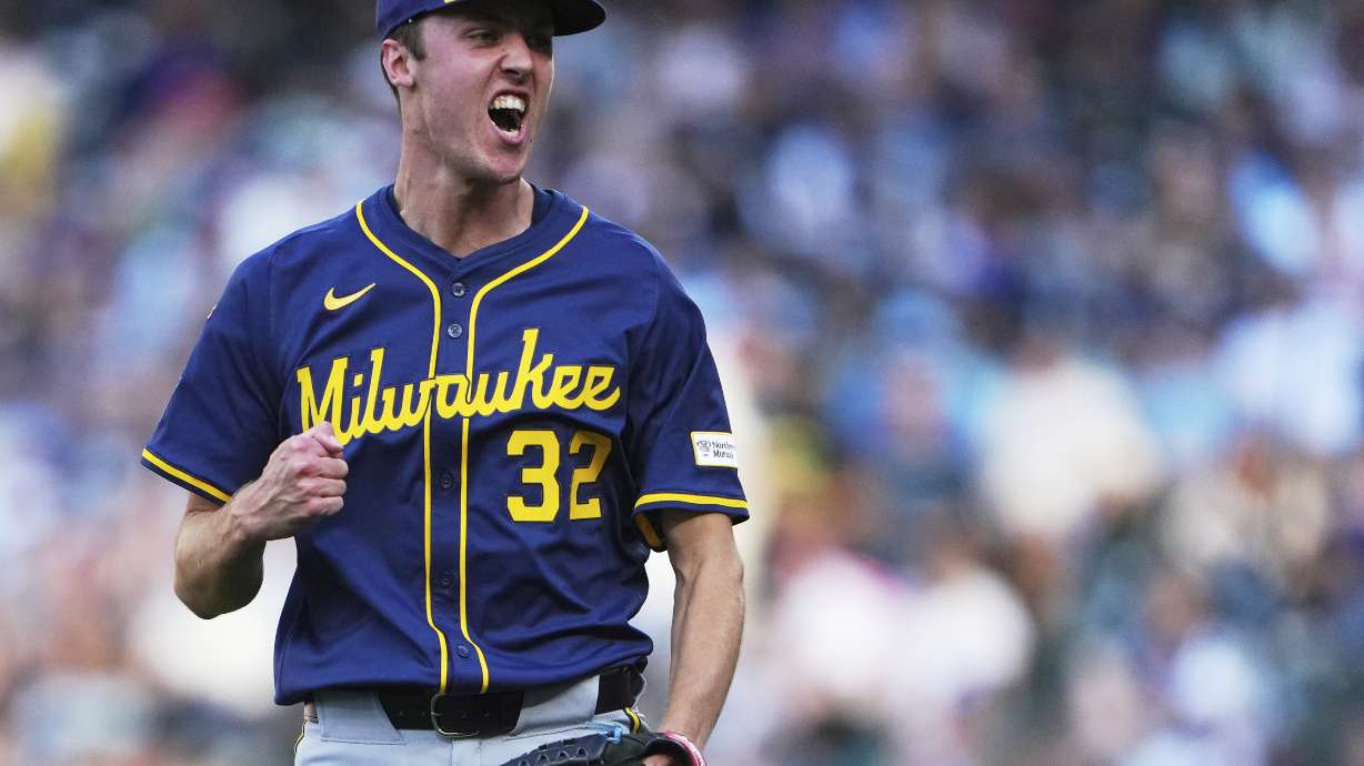 Milwaukee Brewers starting pitcher Jacob Misiorowski reacts after striking out Seattle Mariners' Dominic Canzone to retire the side during the second inning of a baseball game Tuesday, July 22, 2025, in Seattle.