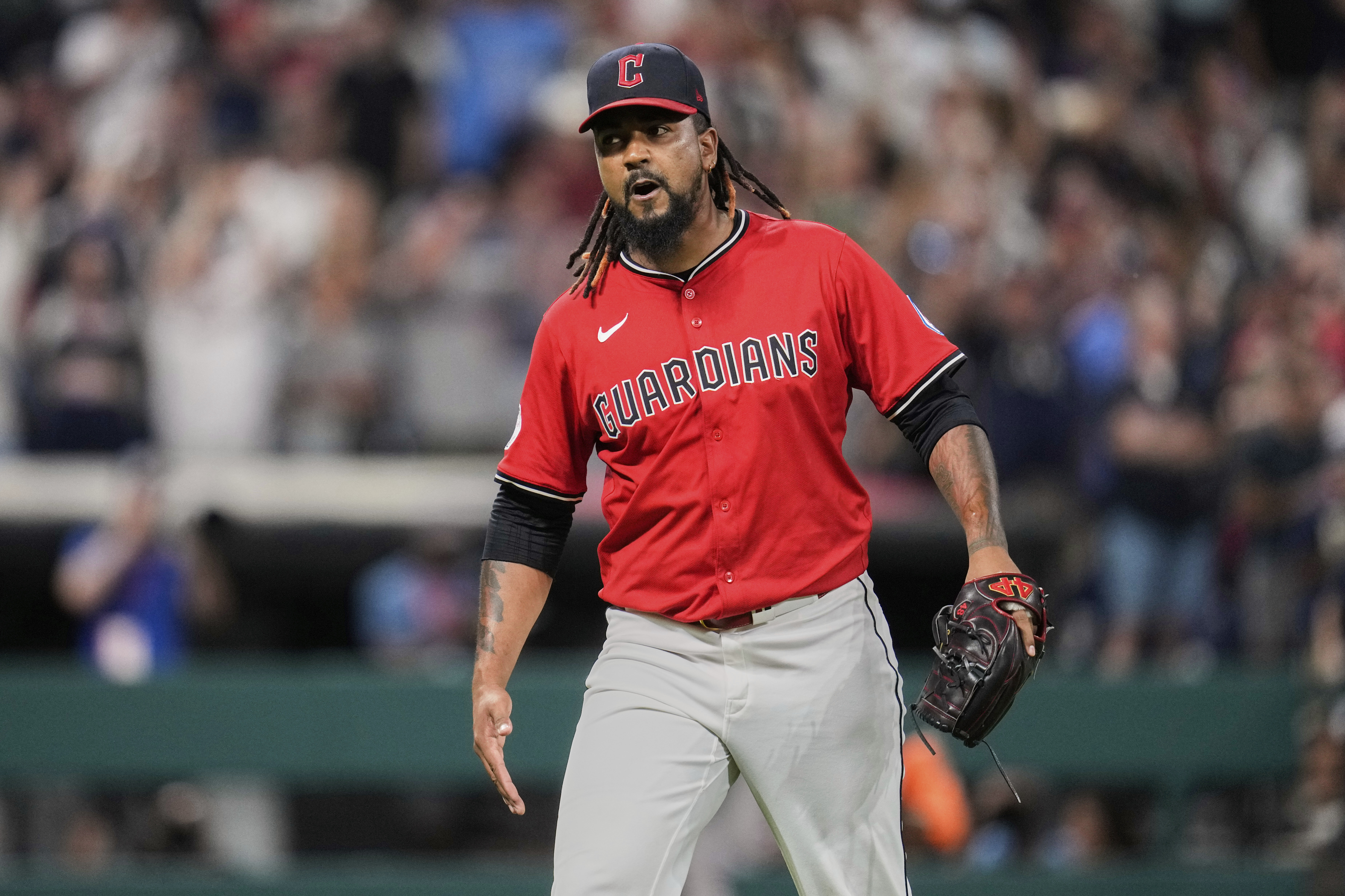 Cleveland Guardians pitcher Emmanuel Clase reacts after the Guardians defeated the Baltimore Orioles in a baseball game in Cleveland, Tuesday, July 22, 2025. 