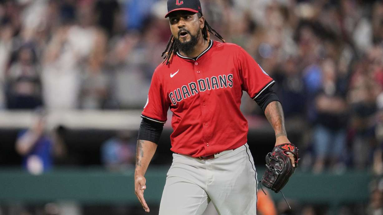 Cleveland Guardians pitcher Emmanuel Clase reacts after the Guardians defeated the Baltimore Orioles in a baseball game in Cleveland, Tuesday, July 22, 2025.