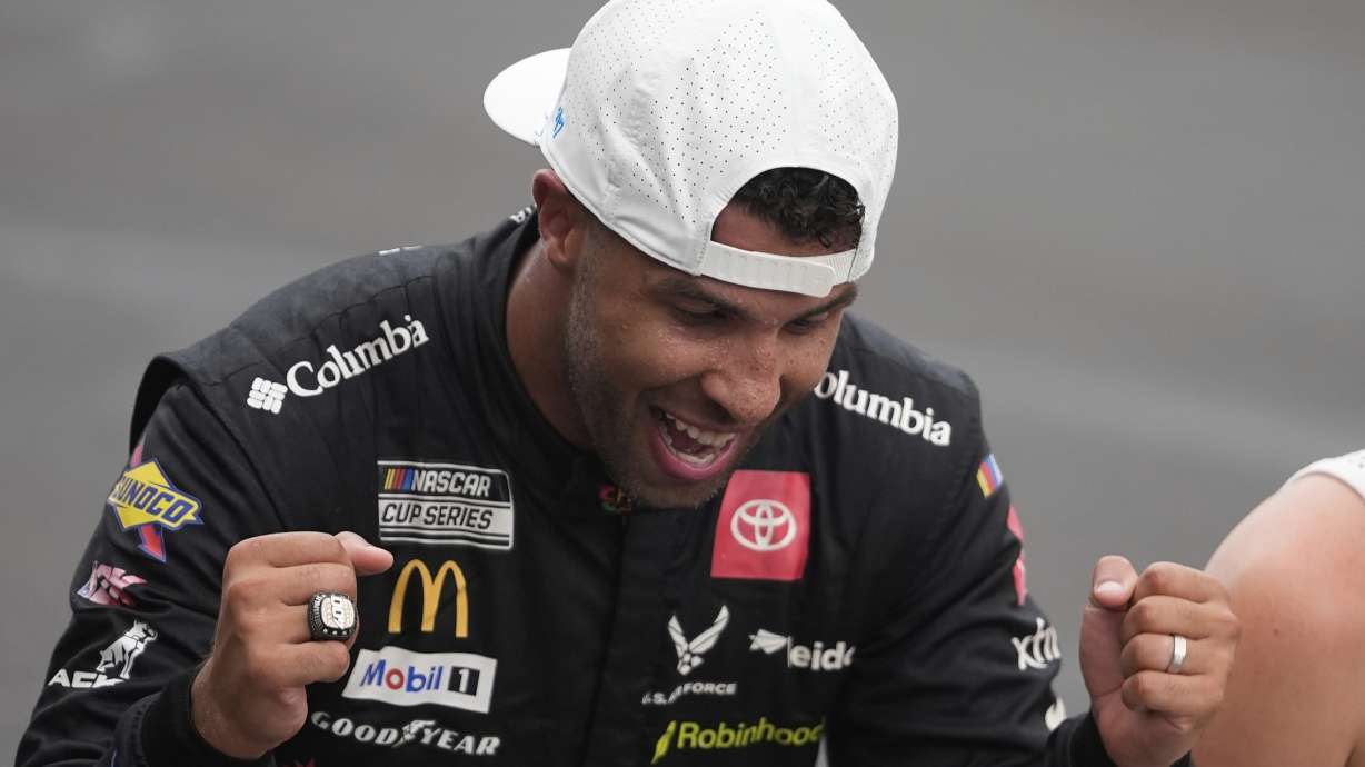 Bubba Wallace reacts after winning a NASCAR Cup Series auto race at Indianapolis Motor Speedway, Sunday, July 27, 2025, in Indianapolis.