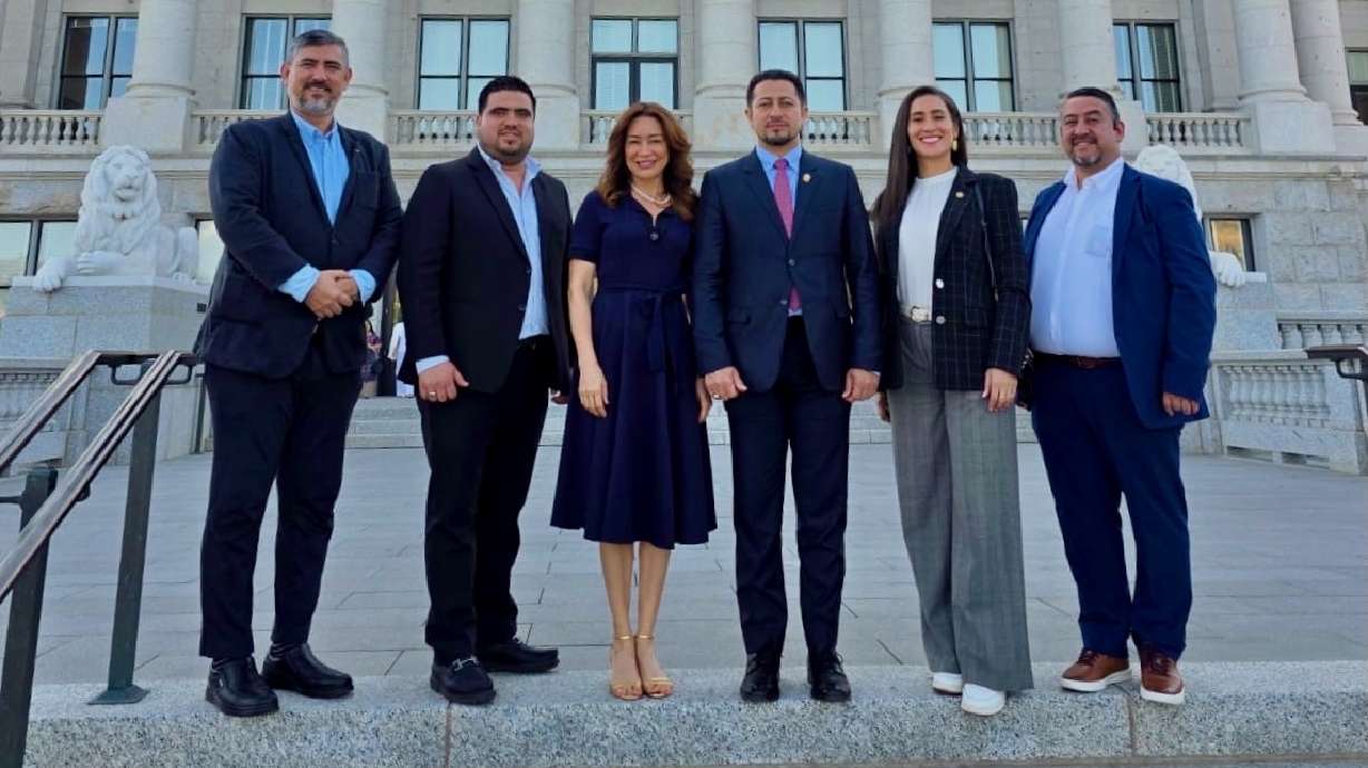 Six Guatemalan lawmakers, pictured at the state Capitol in Salt Lake City on Saturday, traveled to Utah to investigate creation of a consular office. Nery Ramos y Ramos, president of Guatemala's Congress, is third from the right.