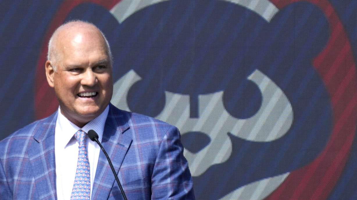 FILE - Former Chicago Cubs player Ryne Sandberg speaks before the team unveils a statue of him before a baseball game against the New York Mets in Chicago, Sunday, June 23, 2024.