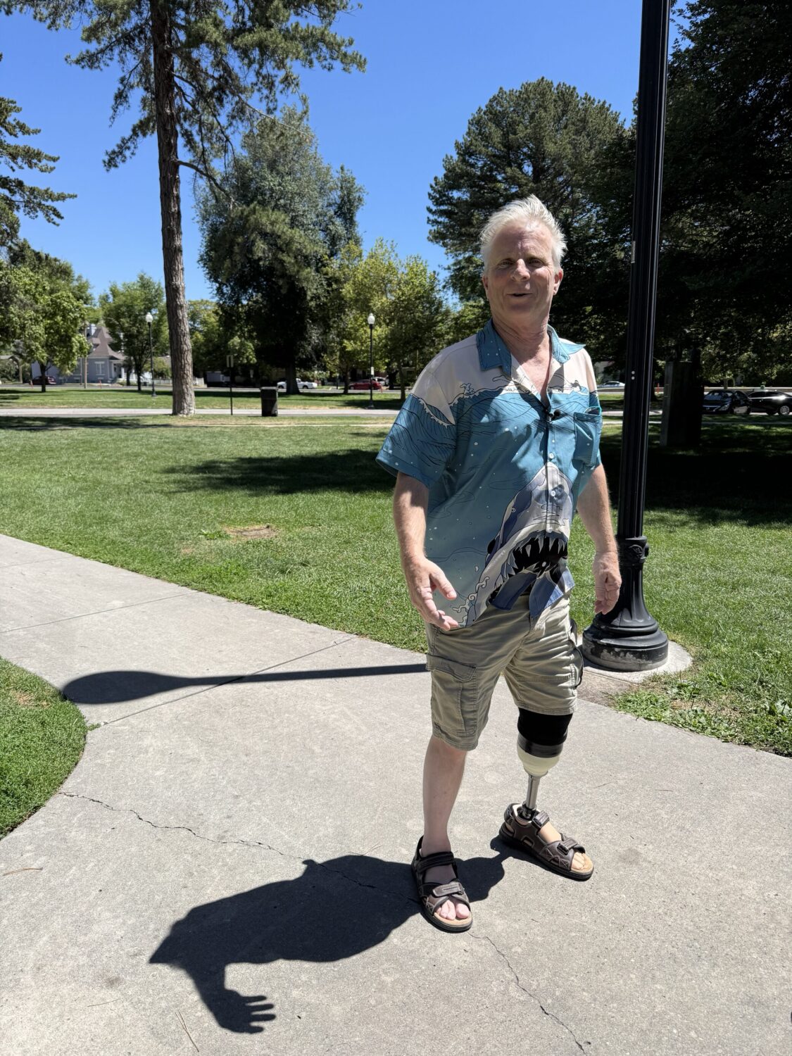 Stephen Slater shows the use of his prosthetic leg after a gruesome Legacy Parkway Crash in February. Kamden Lee comforted him during the ordeal as he waited for rescuers to arrive.