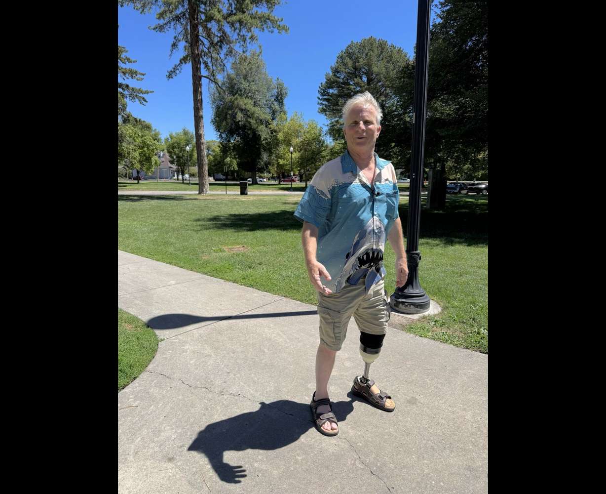 Stephen Slater shows the use of his prosthetic leg after a gruesome Legacy Parkway Crash in February. Kamden Lee comforted him during the ordeal as he waited for rescuers to arrive.