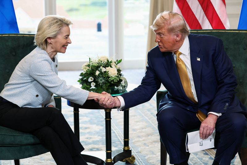 President Donald Trump shakes hands with European Union President Ursula von der Leyen in Turnberry, Scotland, July 27. The EU is one of eight major trading partners that struck a trade deal with the United States.