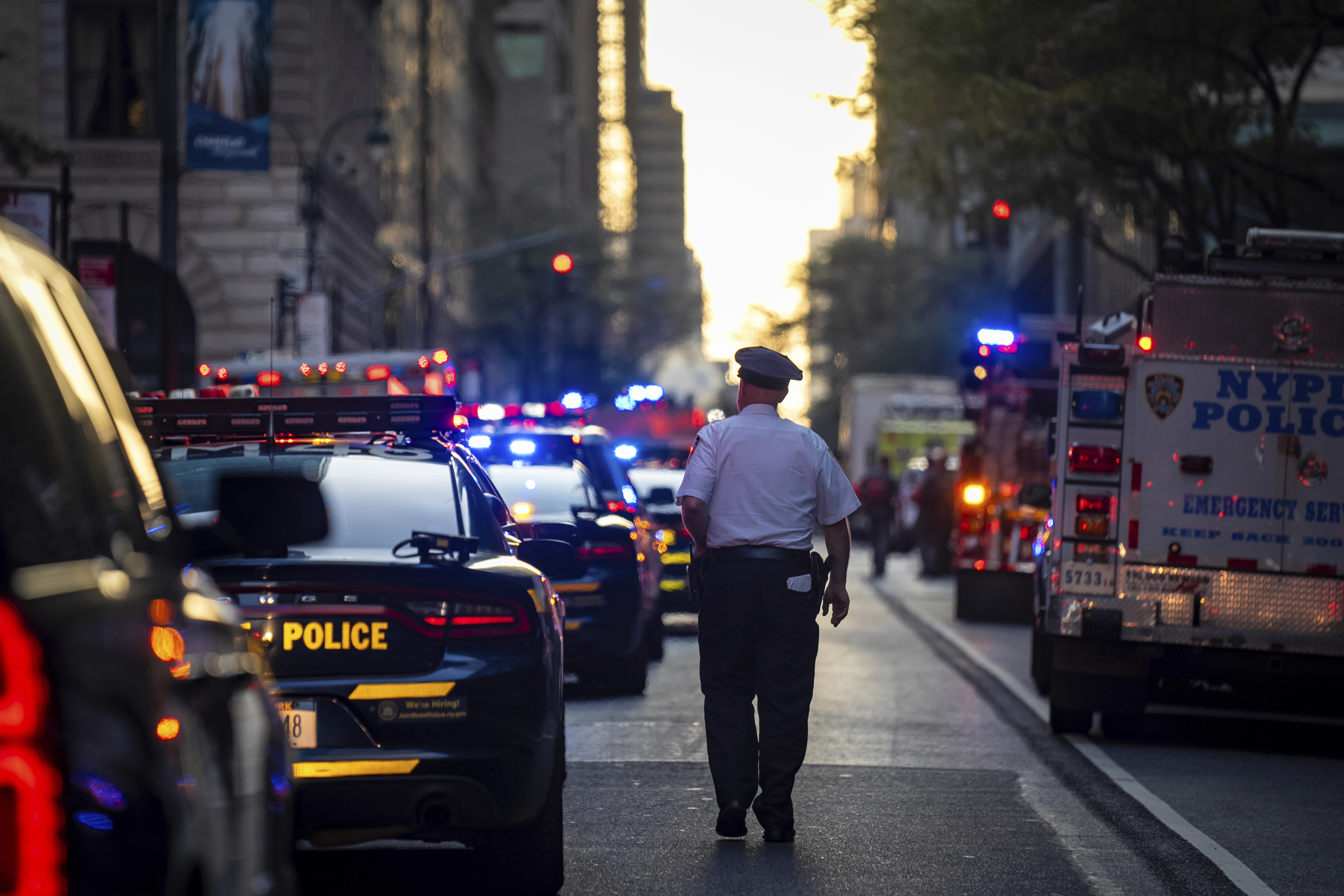 The scene on 52nd Street between Park and Lexington Avenue where a New York Police Department police officer was shot, Monday, July 28, 2025, in New York. 