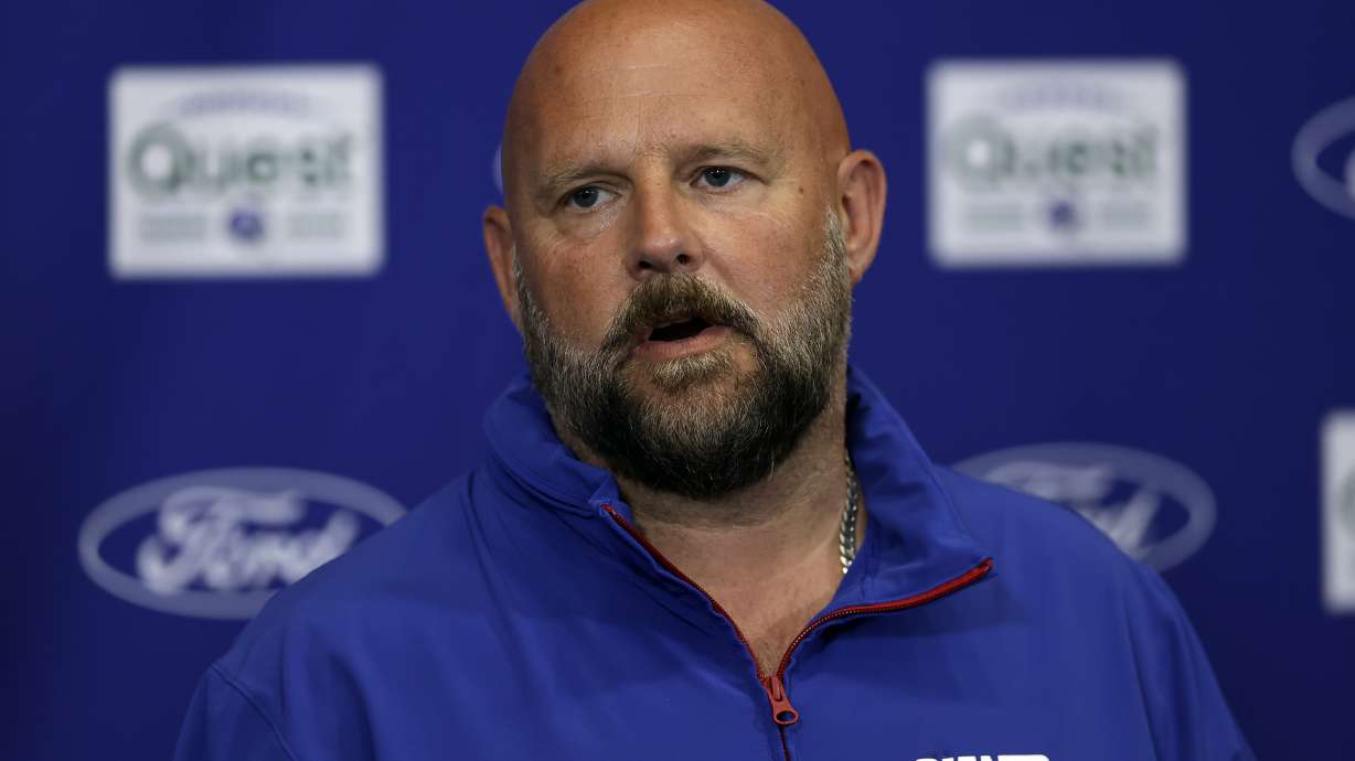 New York Giants head coach Brian Daboll speaks to the media during Back Together Weekend at the team's NFL football training camp, Sunday, July 27, 2025, in East Rutherford, N.J.