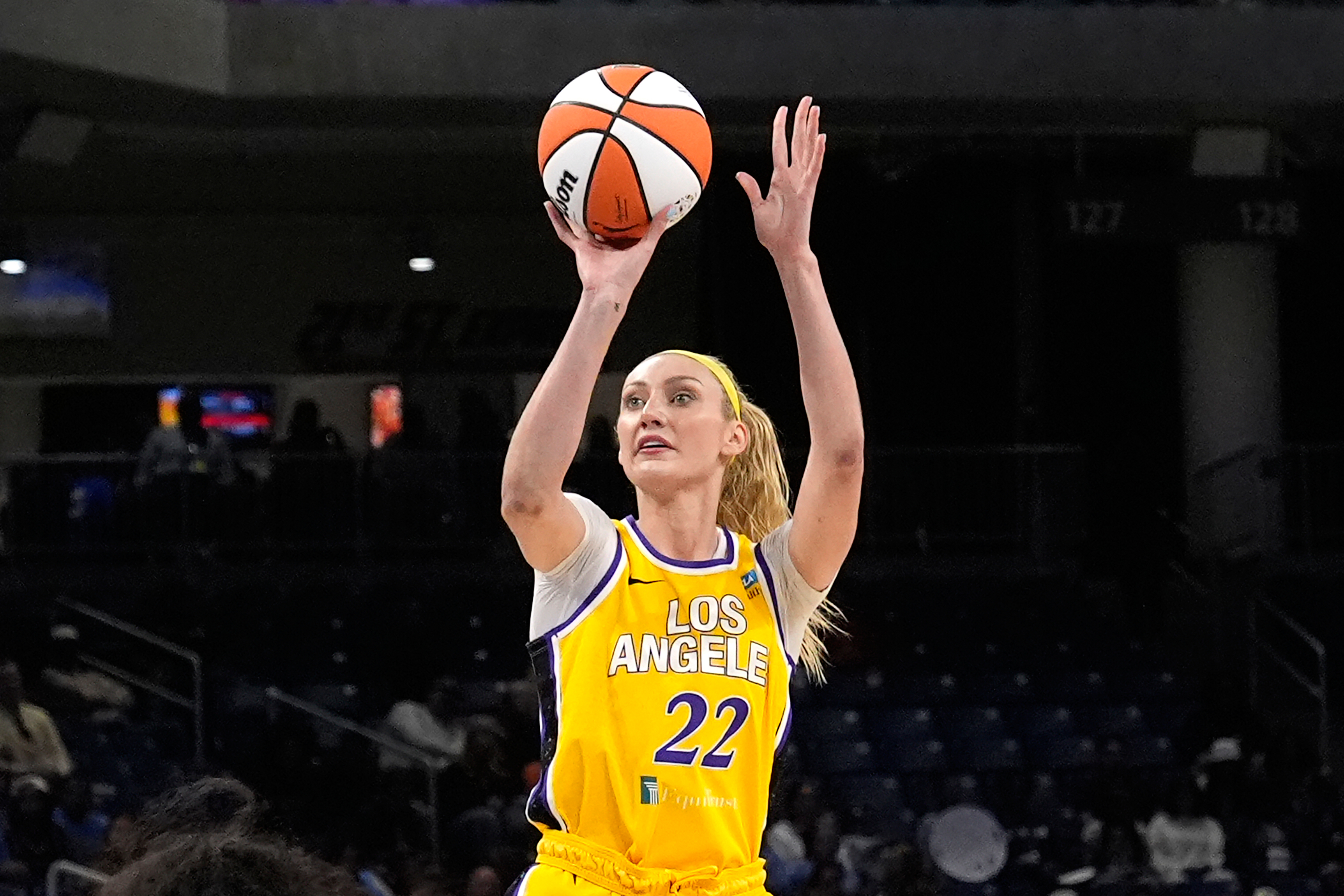 FILE - Los Angeles Sparks' Cameron Brink shoots during the team's WNBA basketball game against the Chicago Sky, May 30, 2024, in Chicago.