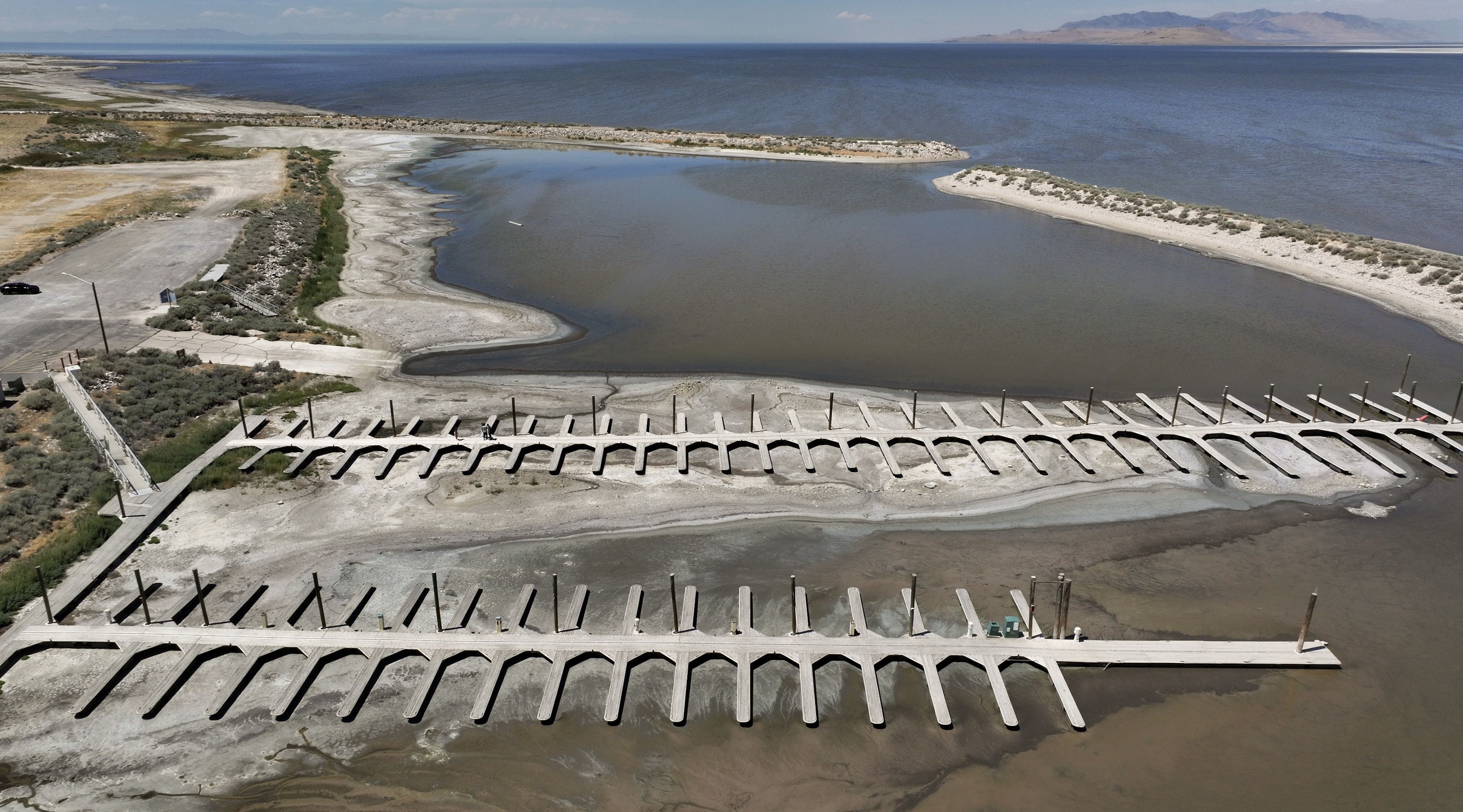 Boat docks are dried up and unusable at the Antelope Island Marina on July 29. Great Salt Lake advocates are concerned about a preliminary outlook that indicates Utah could be in for a dry winter, which would be bad for the declining lake's health.