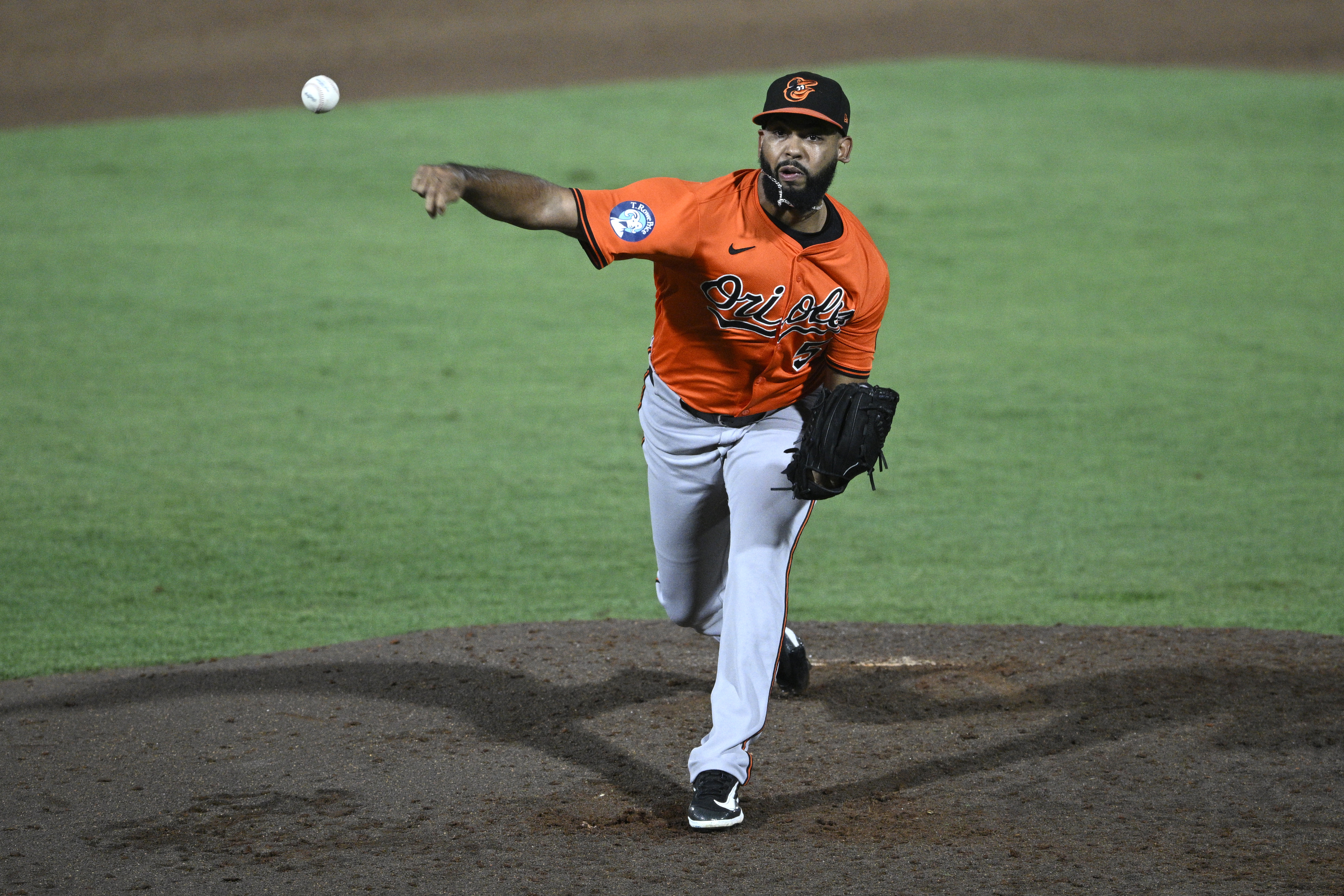 Baltimore Orioles pitcher Seranthony Domínguez throws to home plate during the eighth inning of a baseball game against the Tampa Bay Rays, Saturday, July 19, 2025, in Tampa, Fla. 
