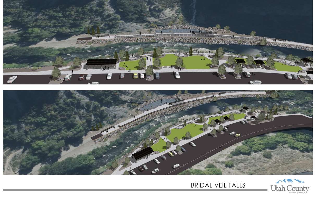 A conceptual rendering shows the Utah County Commission's ideas for the land near the base of Bridal Veil Falls in Provo Canyon.