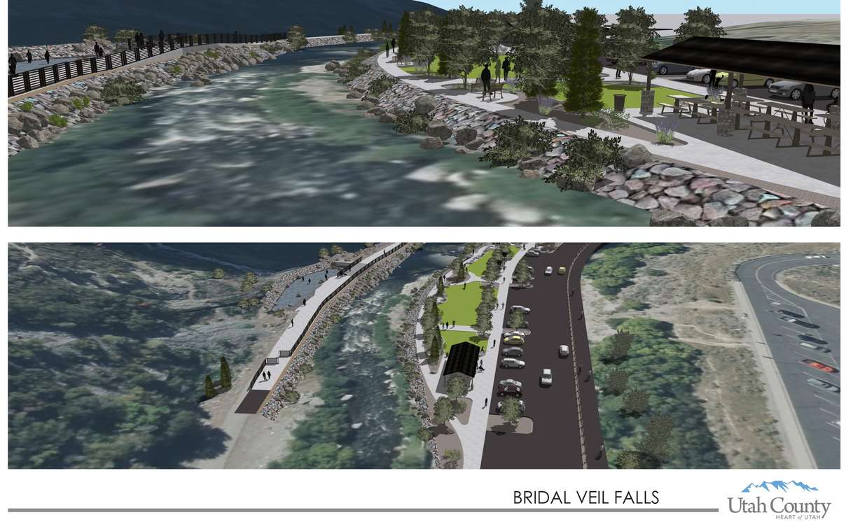 A conceptual rendering shows the Utah County Commission's ideas for the land near the base of Bridal Veil Falls in Provo Canyon.