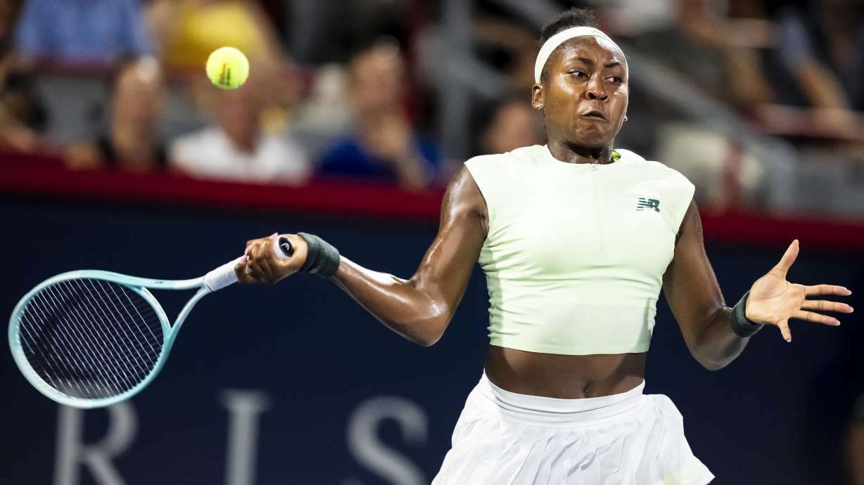Coco Gauff of the USA returns the ball during second round tennis action against Danielle Collins of the USA at the National Bank Open tennis tournament in Montreal on Tuesday, July 29, 2025.