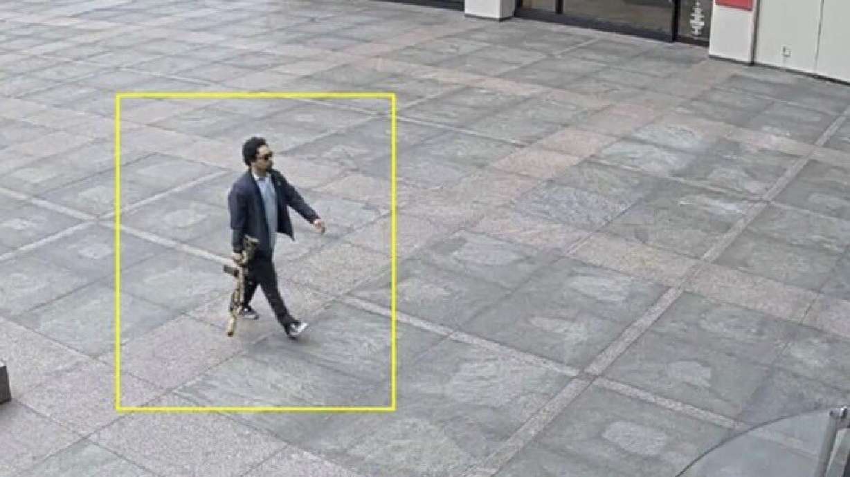 This image from surveillance video obtained by The Associated Press shows Shane Tamura outside a Manhattan office building on Monday, July 28, 2025 in New York.