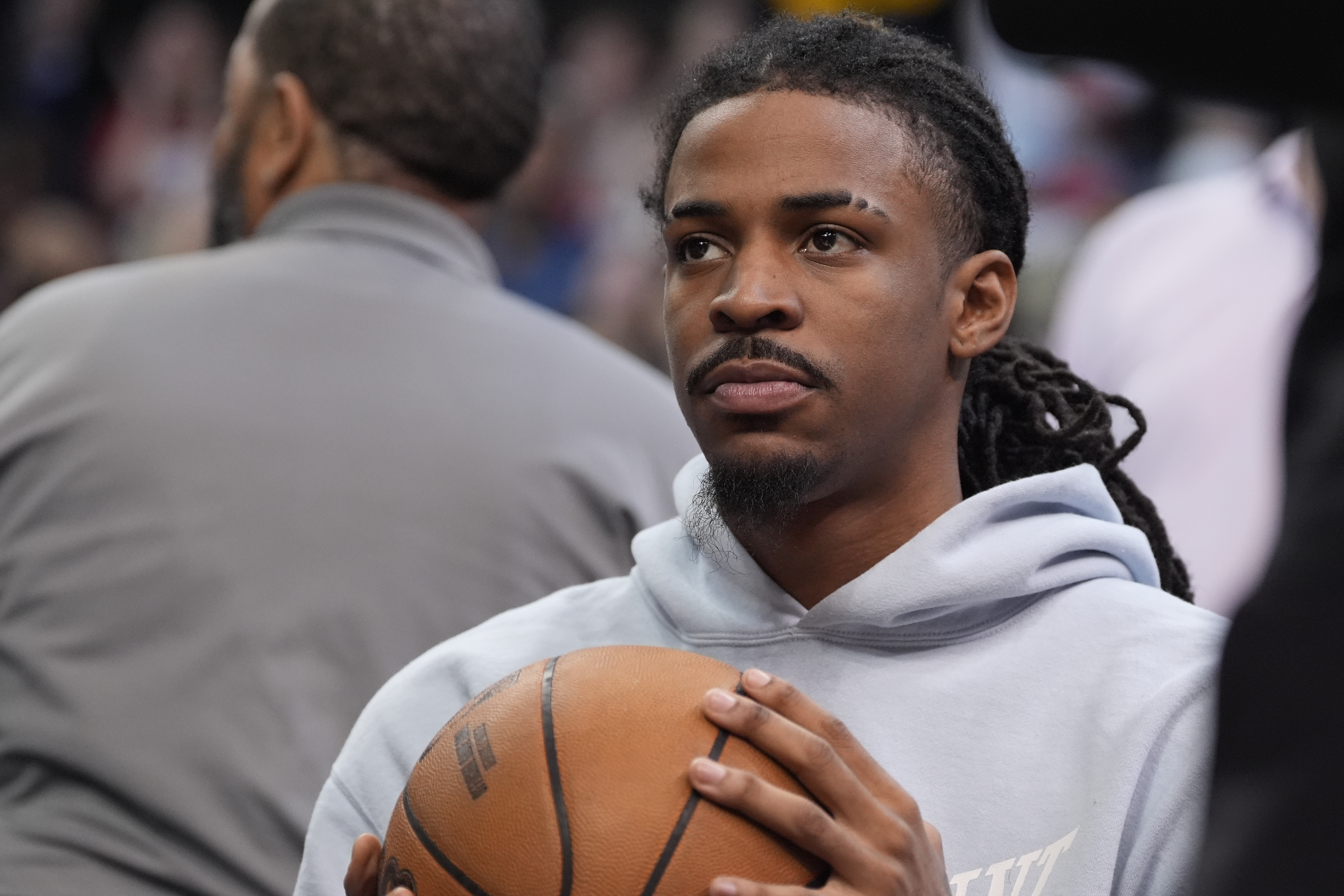 FILE -Memphis Grizzlies guard Ja Morant watches from the bench during the first half in Game 4 of an NBA basketball first-round playoff series against the Oklahoma City Thunder, April 26, 2025, in Memphis, Tenn.