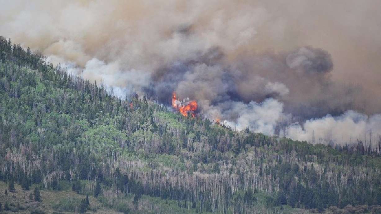 The Monroe Canyon Fire burns near Mormon Mountain in Sevier County on Monday. The central Utah wildfire is now the state's largest in five years, and containment is dropping amid ongoing "critical" fire weather.