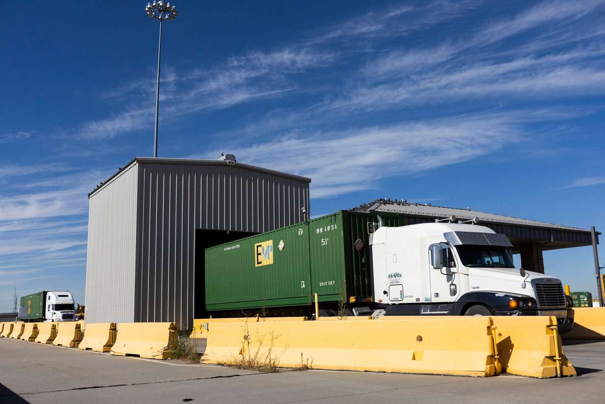 Semitrucks drive through the Salt Lake City Intermodal Terminal on Nov. 1, 2024. American Trucking Association President and CEO Chris Spear commended the EPA for taking "decisive action" to rollback tailpipe emissions standards.