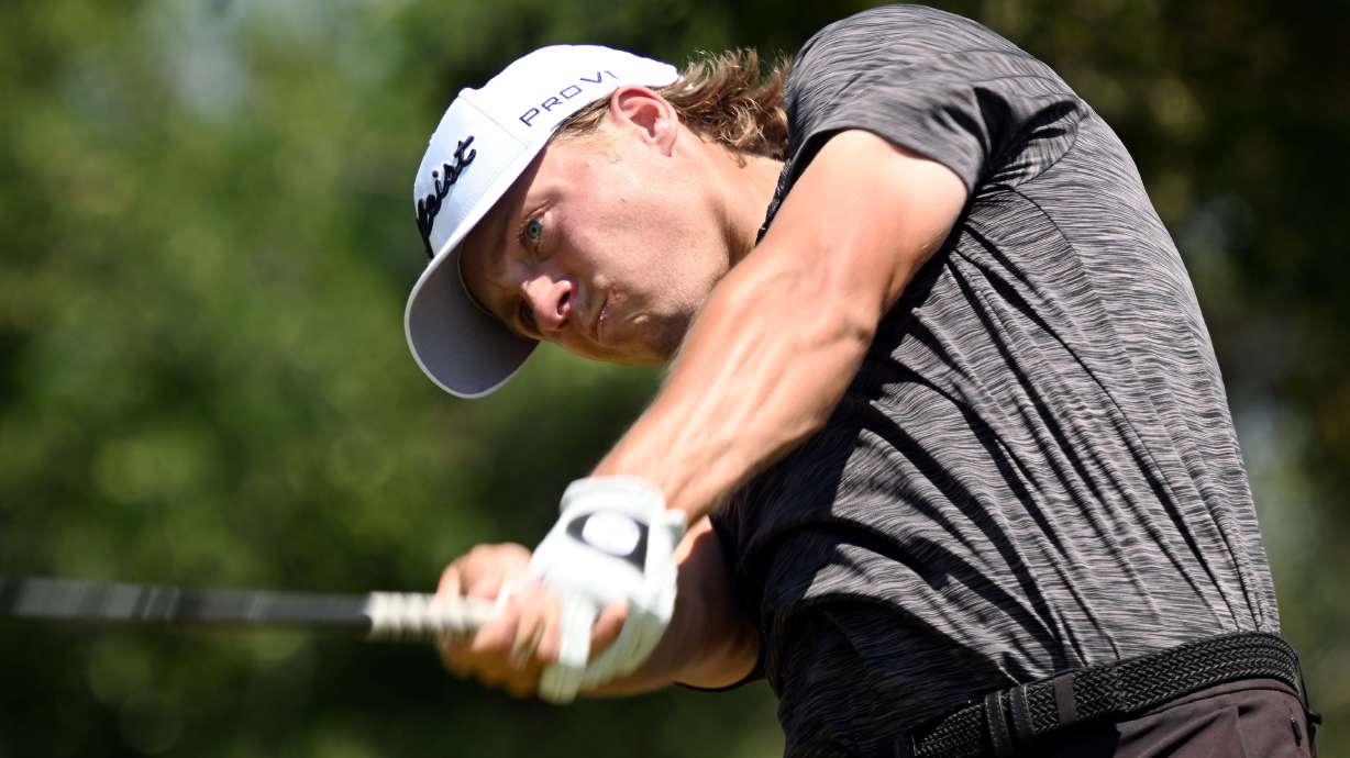 Connor Howe swings on a tee shot as he competes in the 2024 Utah Championship in Farmington on Friday, Aug. 2, 2024.