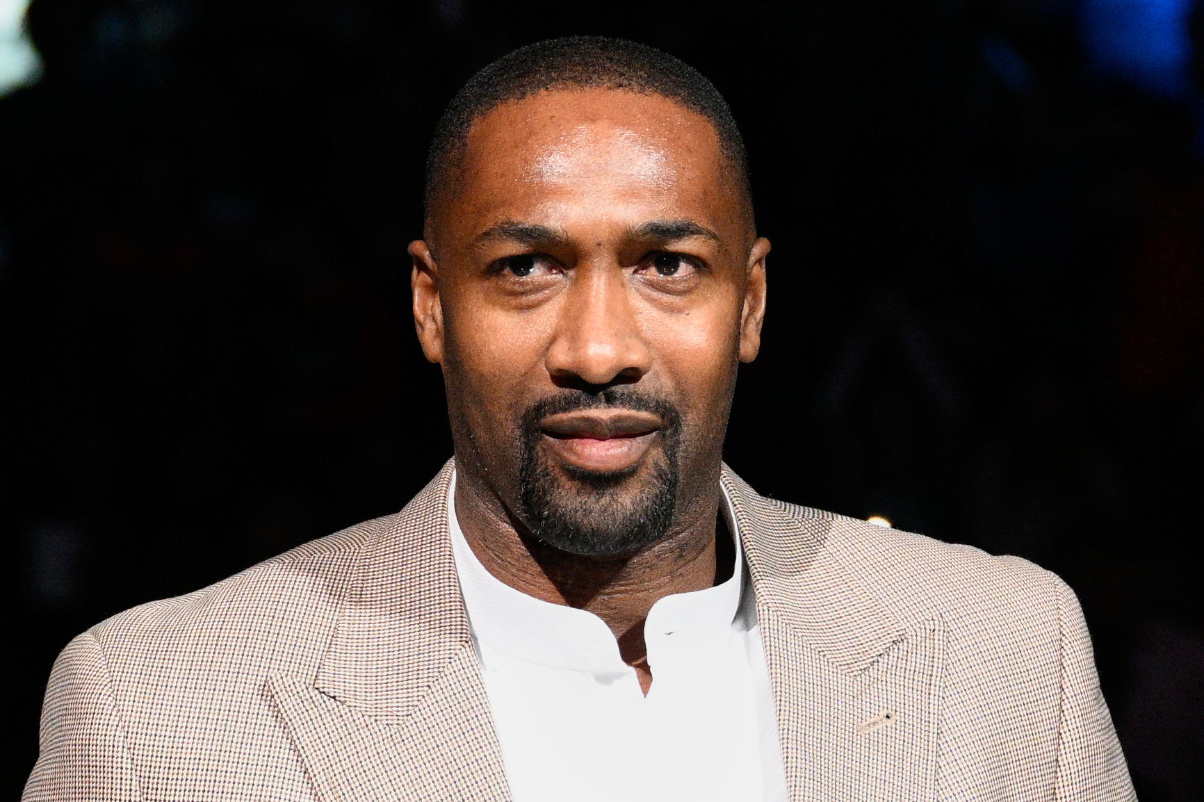 FILE - Former Washington Wizards player Gilbert Arenas takes part in a ceremony during the half-time of an NBA basketball game between the Wizards and the Miami Heat, Friday, Nov. 18, 2022, in Washington. 