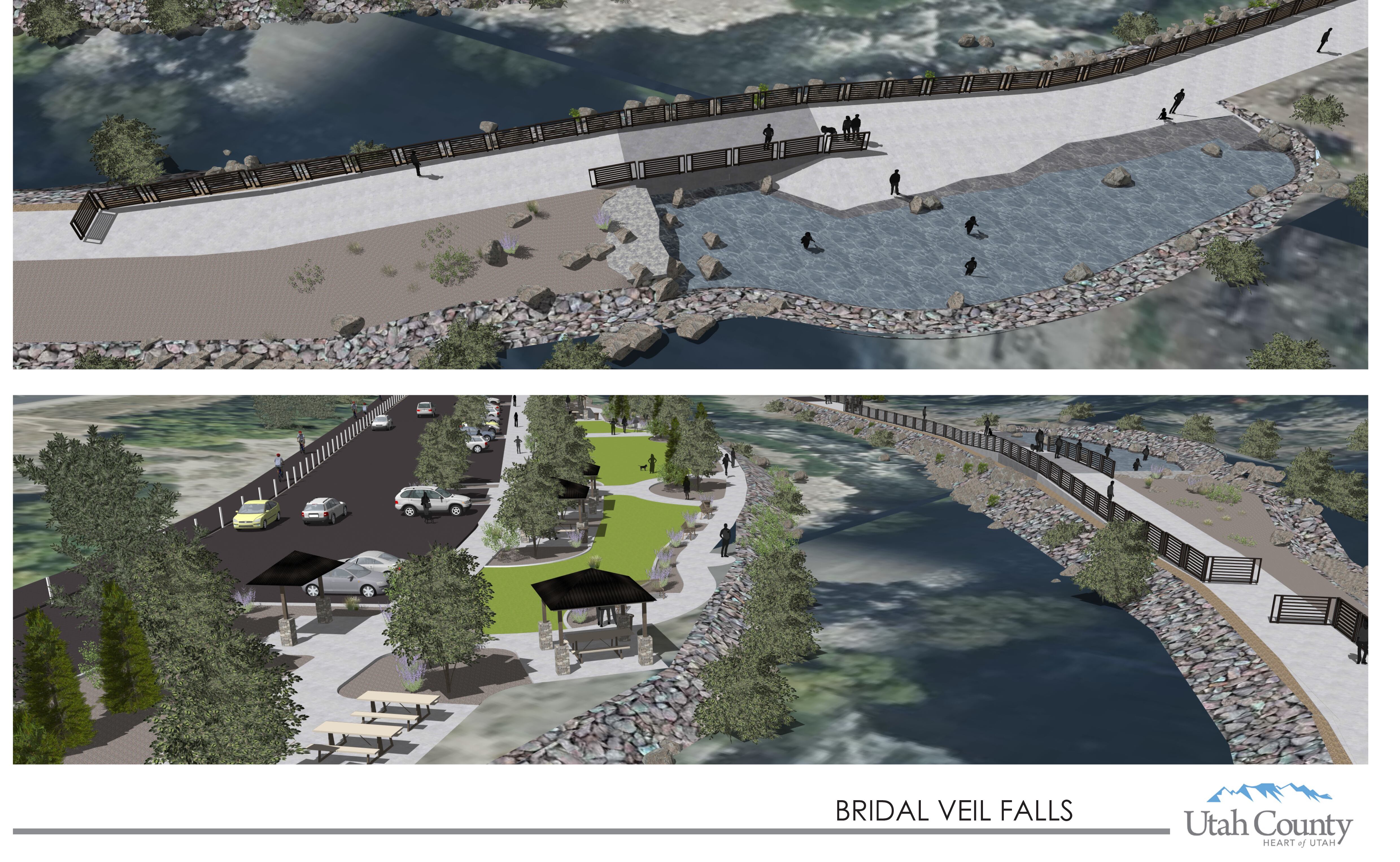 A conceptual rendering shows the Utah County Commission's ideas for the land near the base of Bridal Veil Falls in Provo Canyon.