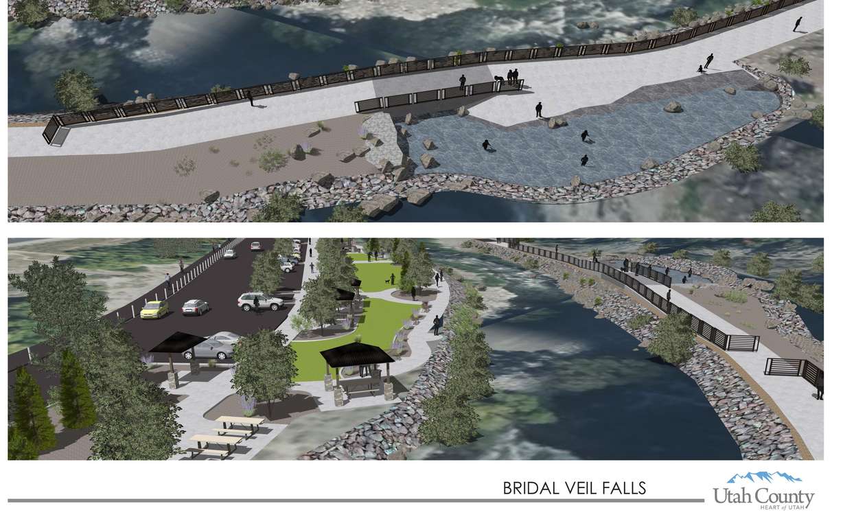 A conceptual rendering shows the Utah County Commission's ideas for the land near the base of Bridal Veil Falls in Provo Canyon.