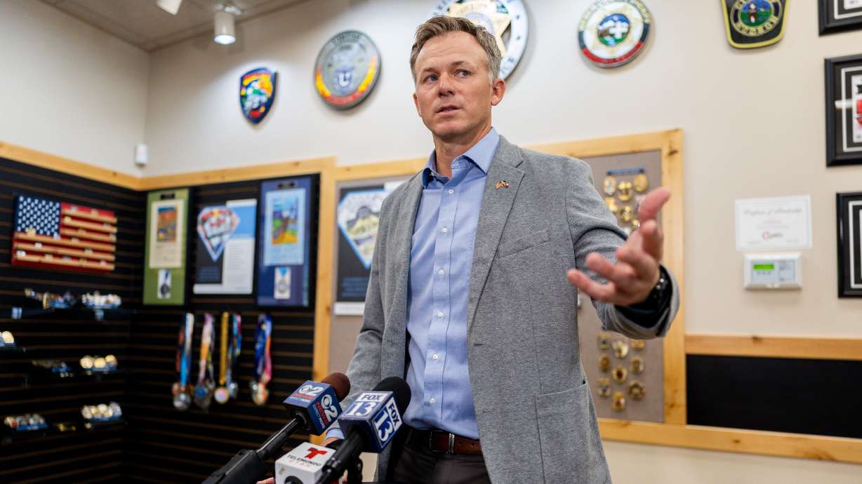 Rep. Blake Moore, R-Utah, speaks to the media after the U.S. Chamber, Salt Lake Chamber and Ogden-Weber Chamber hosted a tax roundtable at SymbolArts in Ogden on Wednesday.