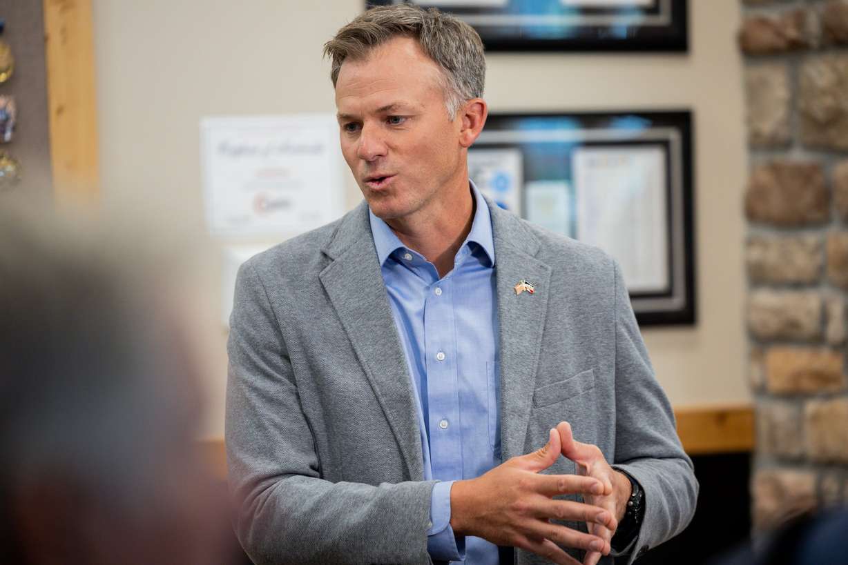 Rep. Blake Moore, R-Utah, speaks to the media after the U.S. Chamber, Salt Lake Chamber and Ogden-Weber Chamber hosted a tax roundtable at SymbolArts in Ogden on Wednesday.