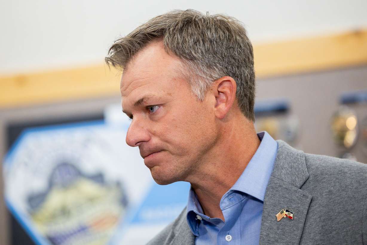 Rep. Blake Moore, R-Utah, speaks to the media after the U.S. Chamber, Salt Lake Chamber and Ogden-Weber Chamber hosted a tax roundtable at SymbolArts in Ogden on Wednesday.