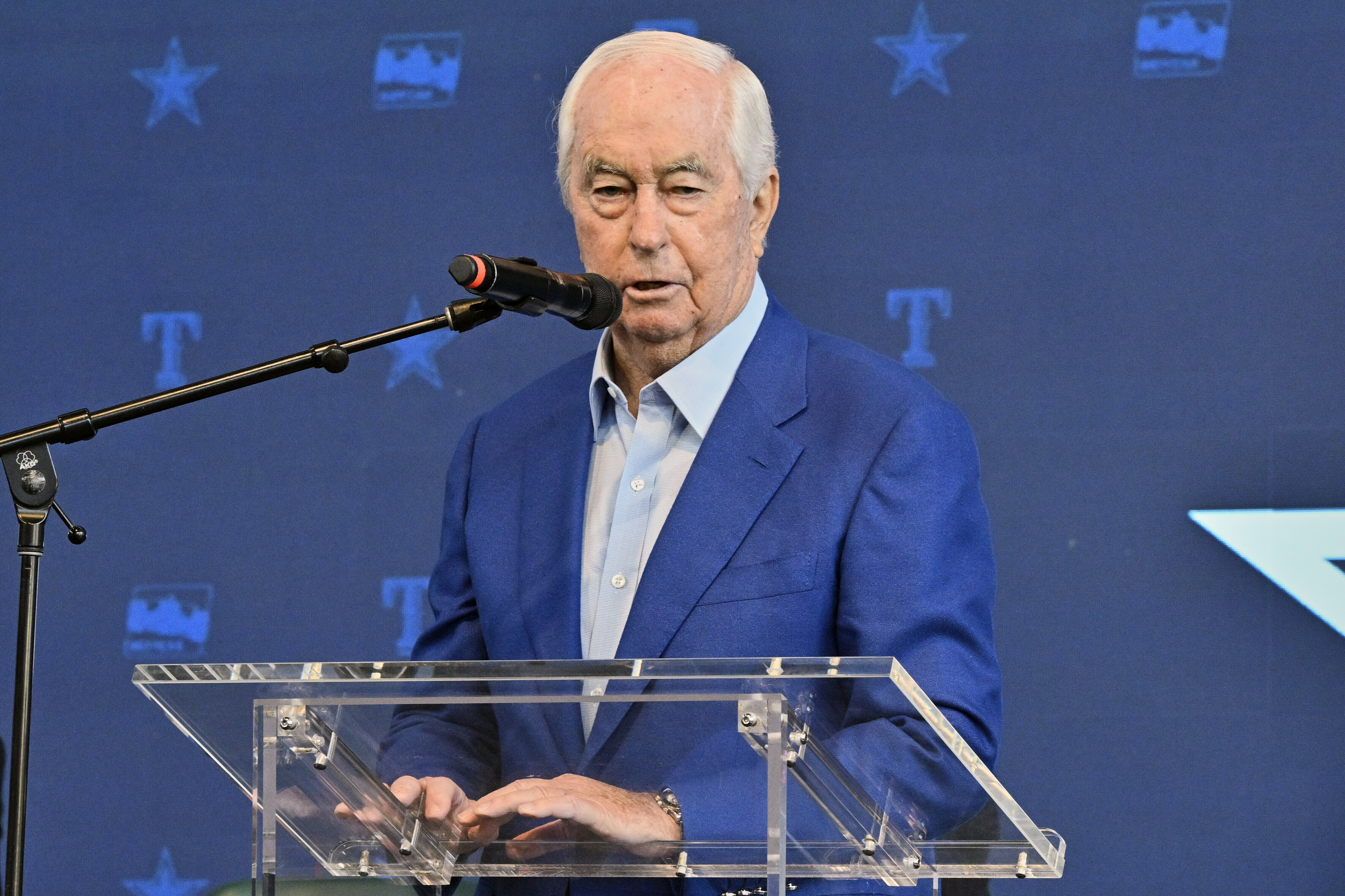 FILE - IndyCar owner Roger Penske speaks to the media during a news conference announcing the IndyCar Grand Prix of Arlington to be held in 2026 in Arlington, Texas, Tuesday, Oct. 8, 2024.