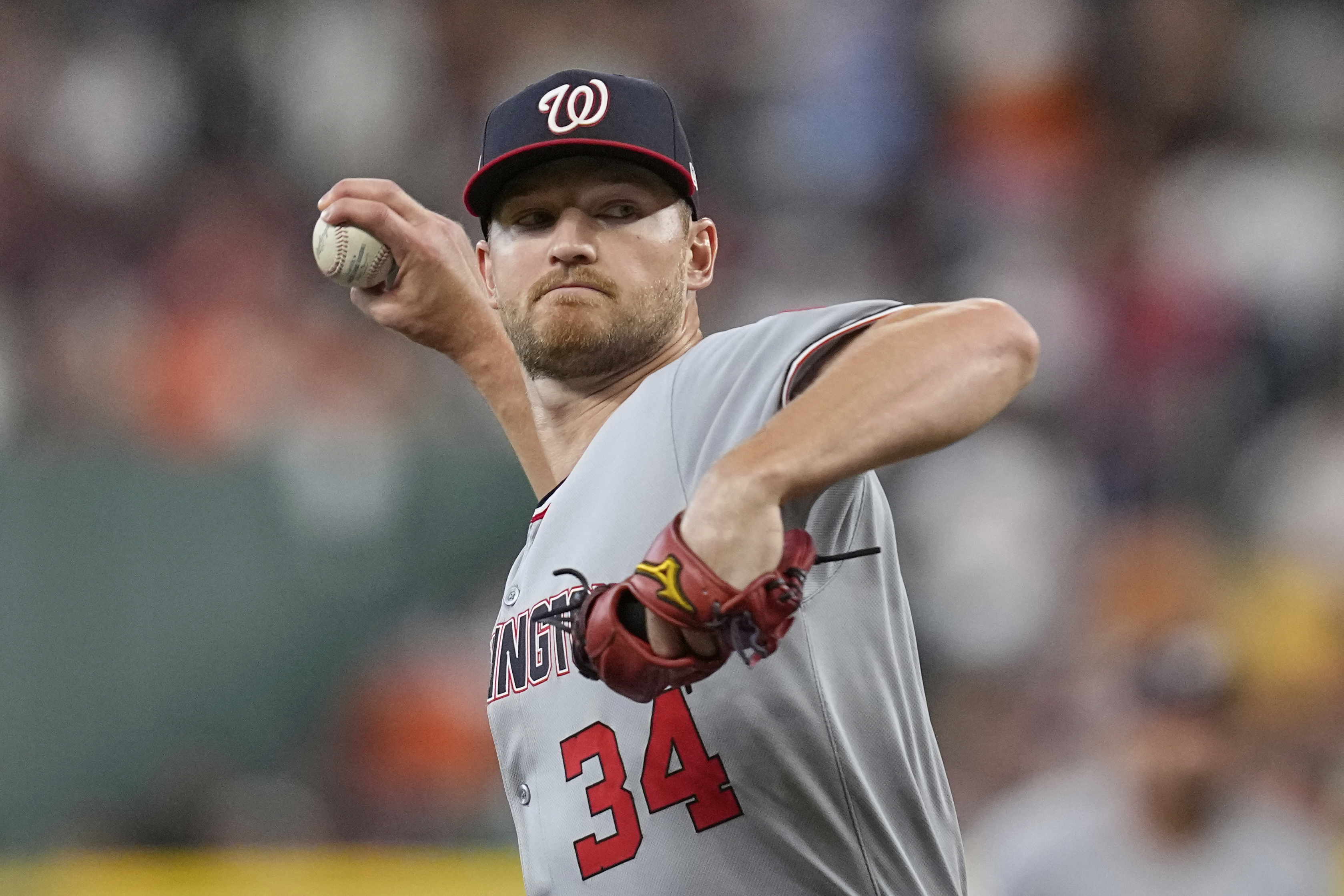 Washington Nationals starting pitcher Michael Soroka throws against the Houston Astros during the first inning of a baseball game Tuesday, July 29, 2025, in Houston. 