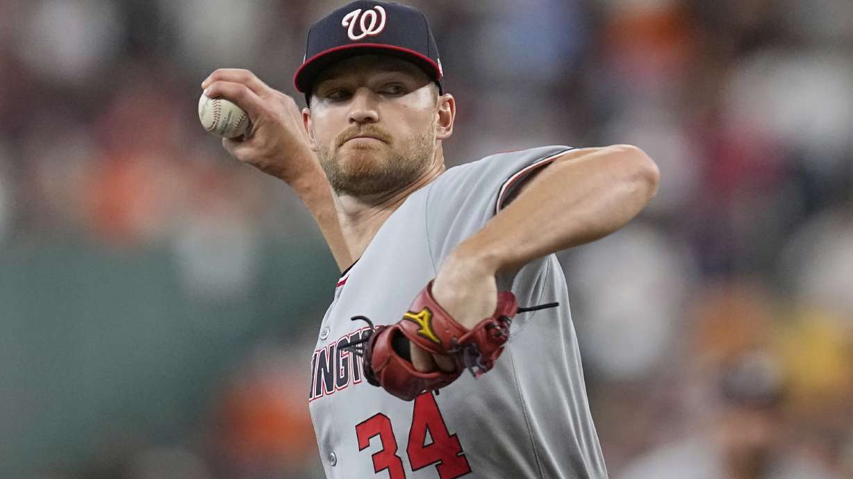 Washington Nationals starting pitcher Michael Soroka throws against the Houston Astros during the first inning of a baseball game Tuesday, July 29, 2025, in Houston.
