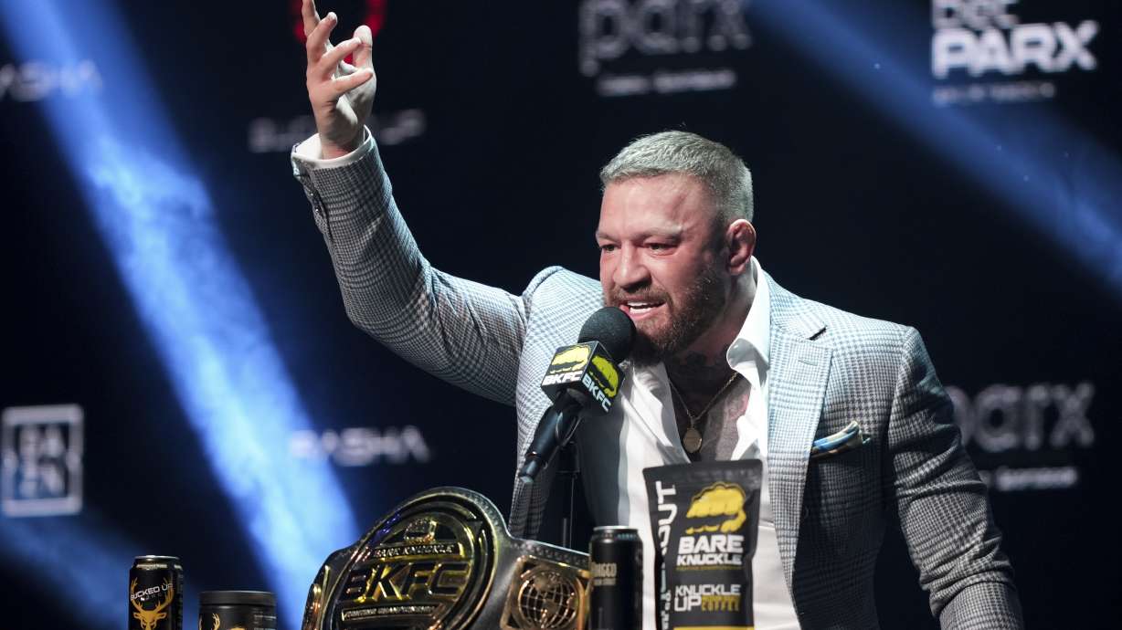 FILE - Conor McGregor speaks during a KnuckleMania V boxing news conference, Thursday, Jan. 23, 2025, in Bensalem, Pa.