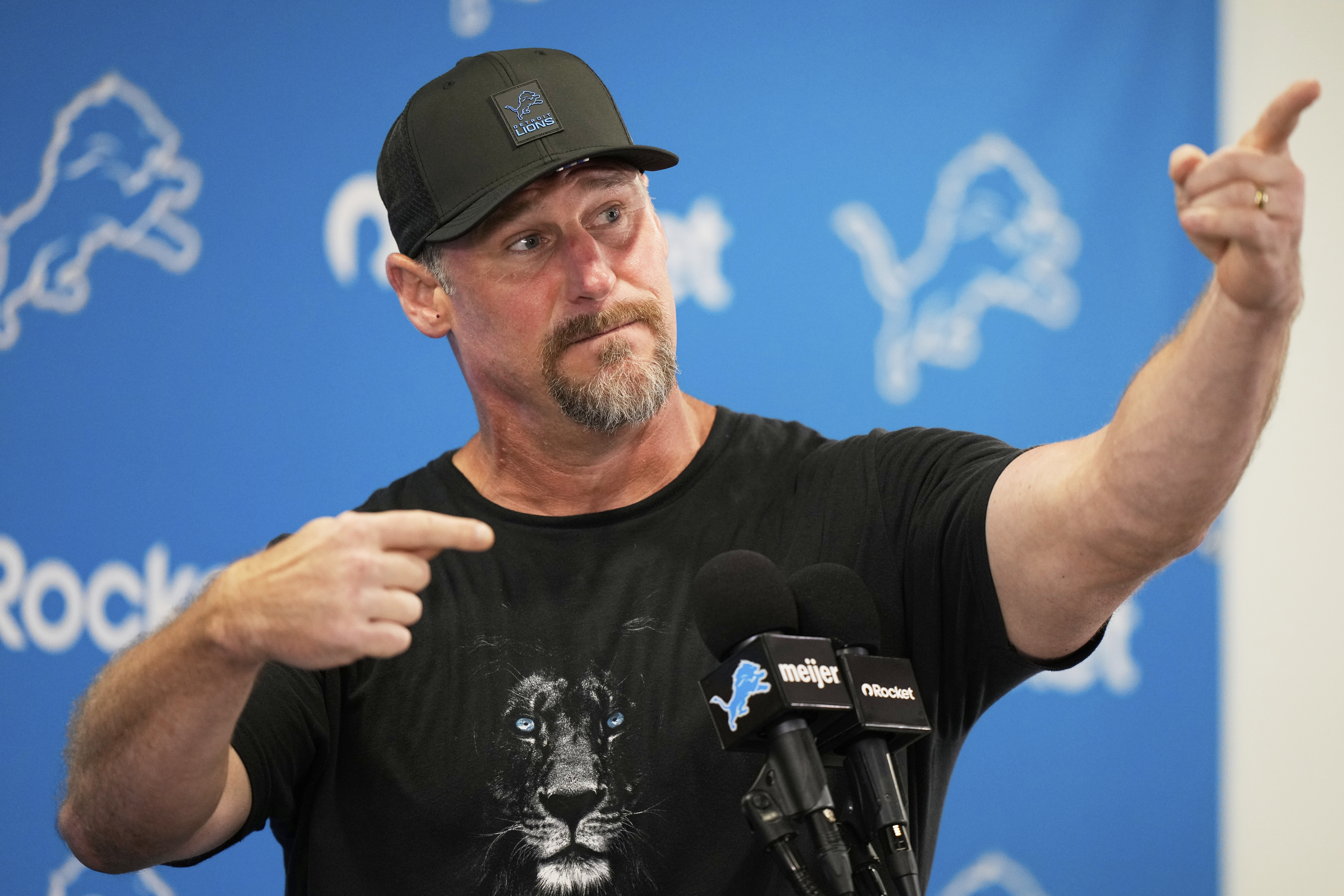 Detroit Lions head coach Dan Campbell gestures during a news conference before Back Together Weekend at NFL football training camp Saturday, July 26, 2025, in Allen Park, Mich. 