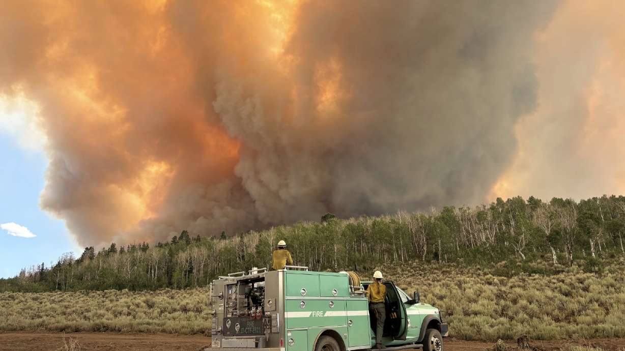 Firefighters watch as the Monroe Canyon Fire burns in Sevier County on Wednesday. The fire burned nearly 12,000 acres on Wednesday because of unfavorable firefighting conditions in the area, officials reported on Thursday.