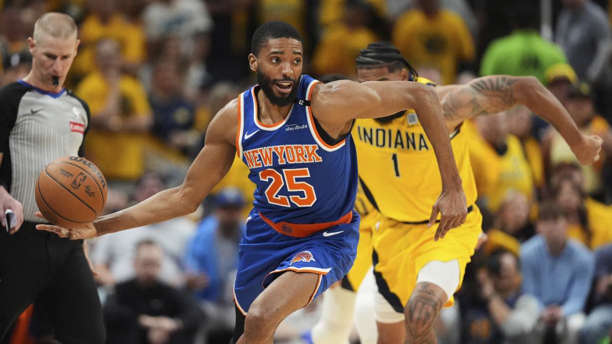 FILE - New York Knicks forward Mikal Bridges (25) controls the ball during the second half of Game 6 of the Eastern Conference finals of the NBA basketball playoffs against the Indiana Pacers in Indianapolis, May 31, 2025.